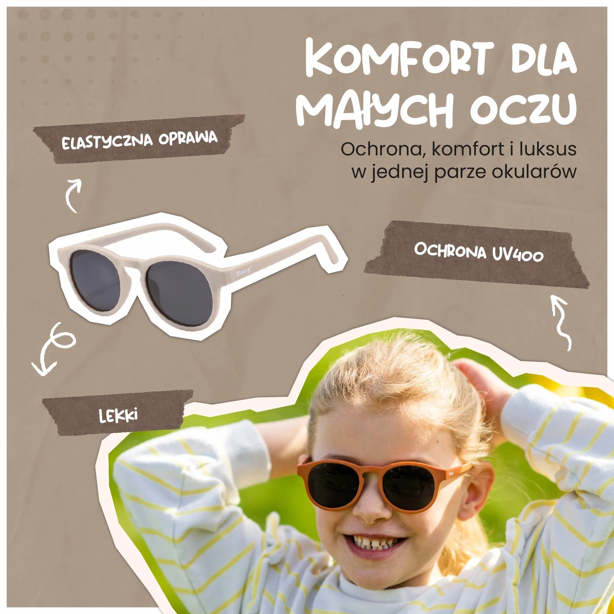 dziecięce okulary przeciwsłoneczne Faela - 3-6 lat - elastyczne, wyginane - ochrona UV400 z polaryzacją - maluchy i przedszkolaki - chłopcy i dziewczynki - okrągłe