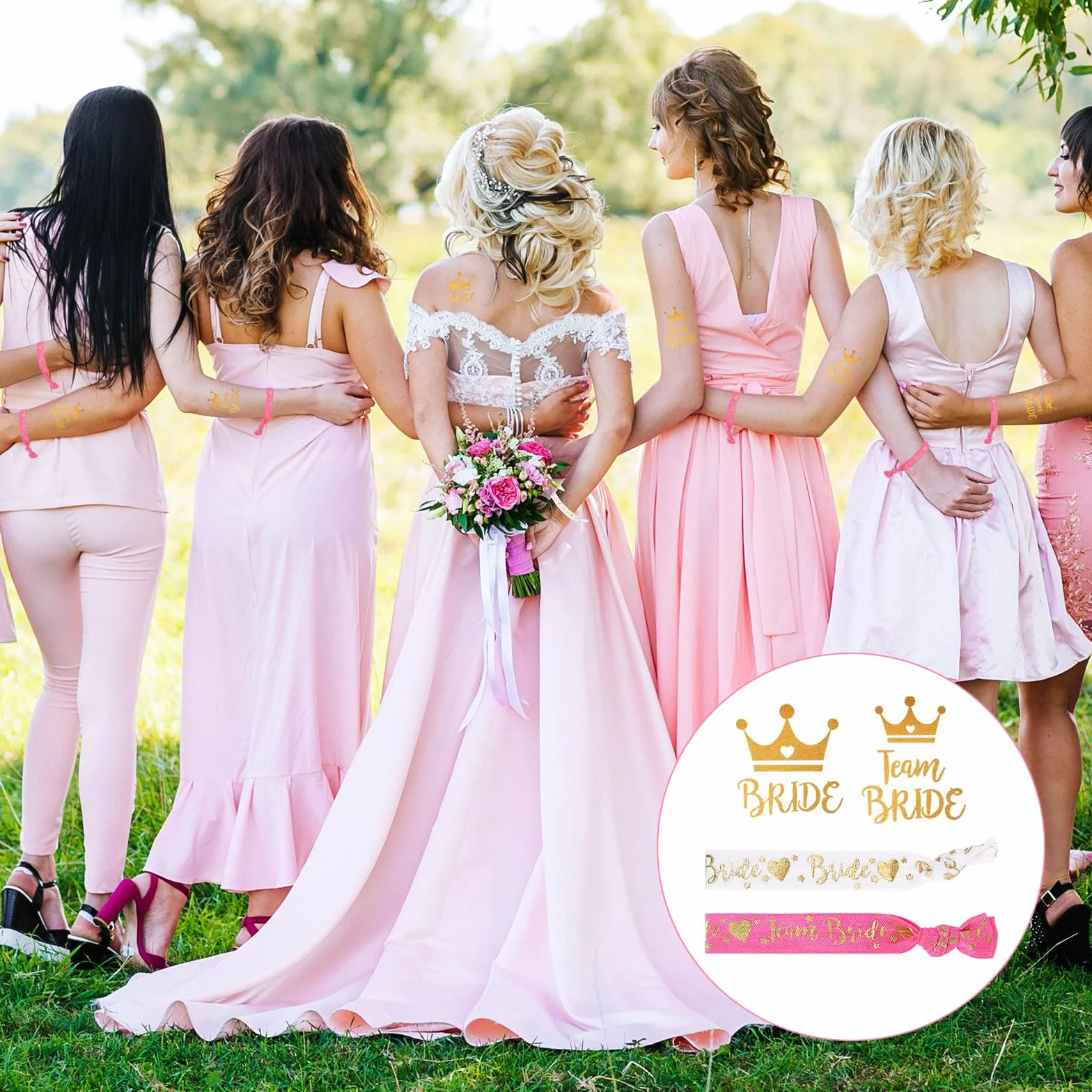 GOSHIES JGA okulary Team Braut zestaw 49 sztuk okularów dla panny młodej z sercem JGA okulary przeciwsłoneczne 1 Bride to be szarpe, 12 okularów w kształcie serca, 12 gumek do włosów, 12 bransoletek