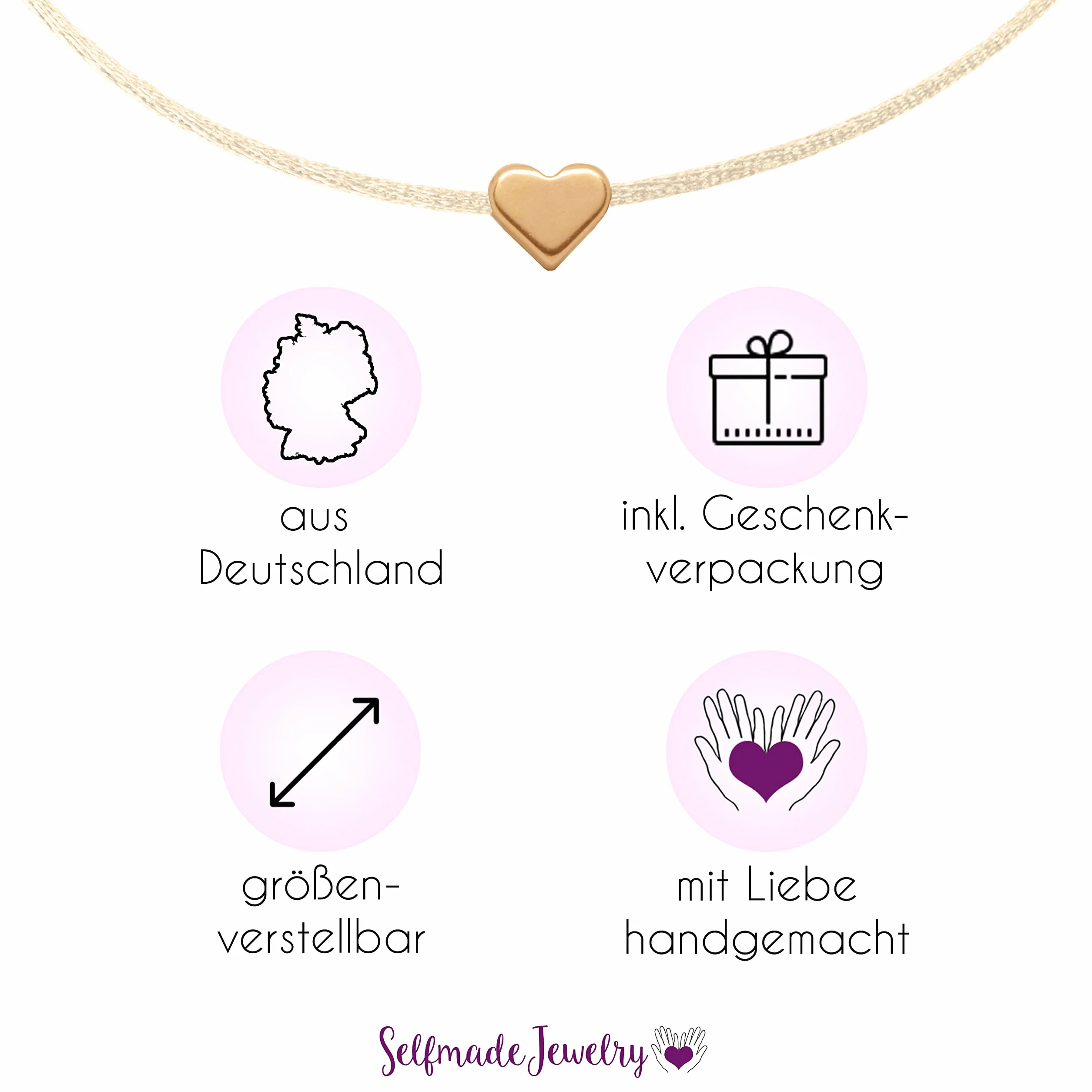 Selfmade Jewelry Łańcuszek na stopę w kształcie serca, regulowany rozmiar, ręcznie wykonany w Niemczech, w zestawie opakowanie prezentowe