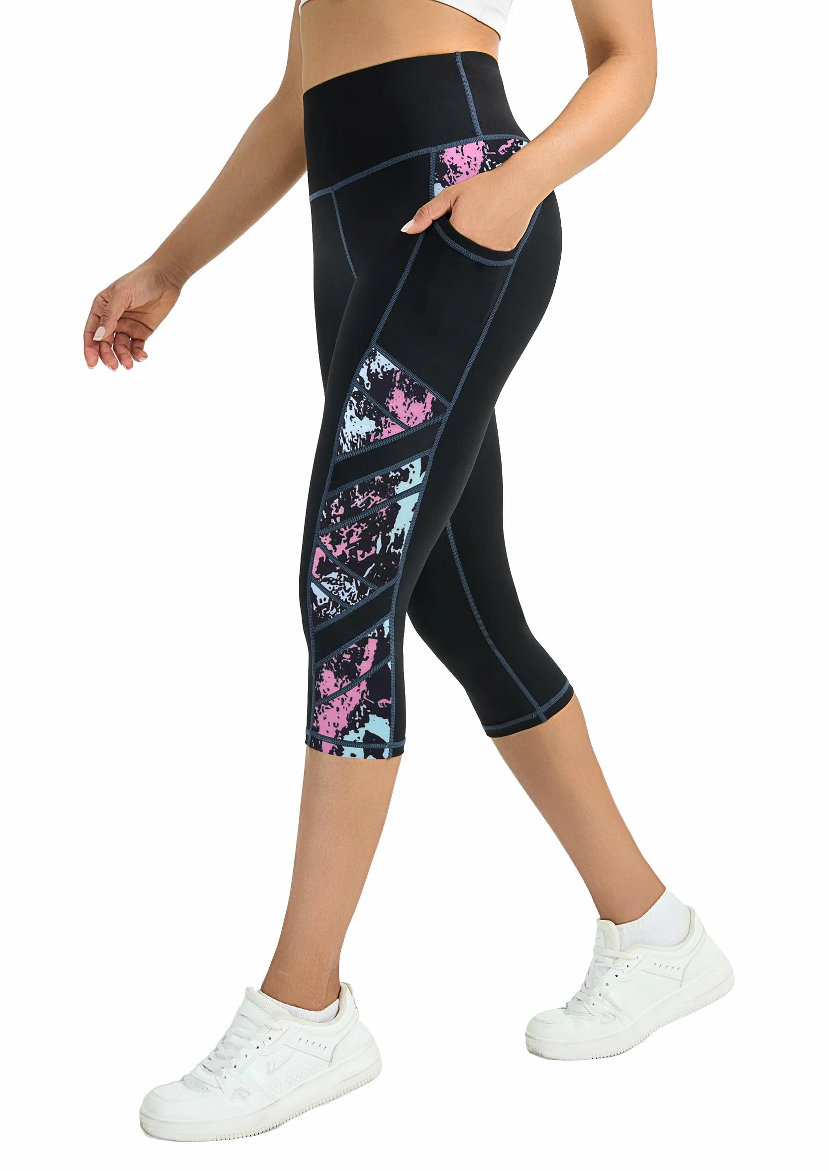 Sportowe legginsy damskie, wysoka talia, elastyczne spodnie sportowe, wyszczuplające brzuch, damskie długie legginsy slim fit, spodnie sportowe damskie 3/4, legginsy sportowe 3/4, legginsy damskie