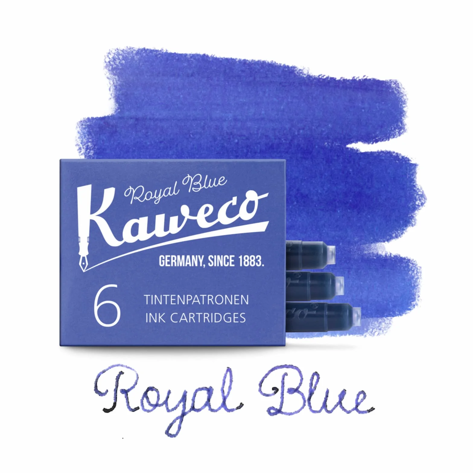 Kaweco Wkłady atramentowe, 6 sztuk, królewski błękit królewski, niebieski (Royal Blue), wysokiej jakości tusz do piór wiecznych z krótkimi standardowymi wkładami, wegański, nietestowany na zwierzętach