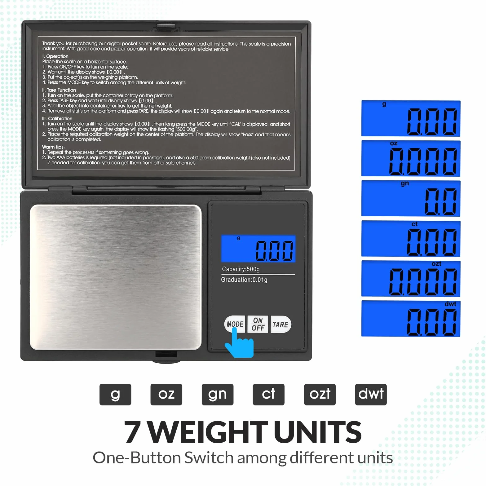 mafiti cyfrowa waga kieszonkowa, 500 g / 0,01 g, złota waga gramowa, z funkcją tary, 7 jednostek i wyświetlaczem LCD, bardzo precyzyjna waga cyfrowa do tabletów, biżuterii, monet