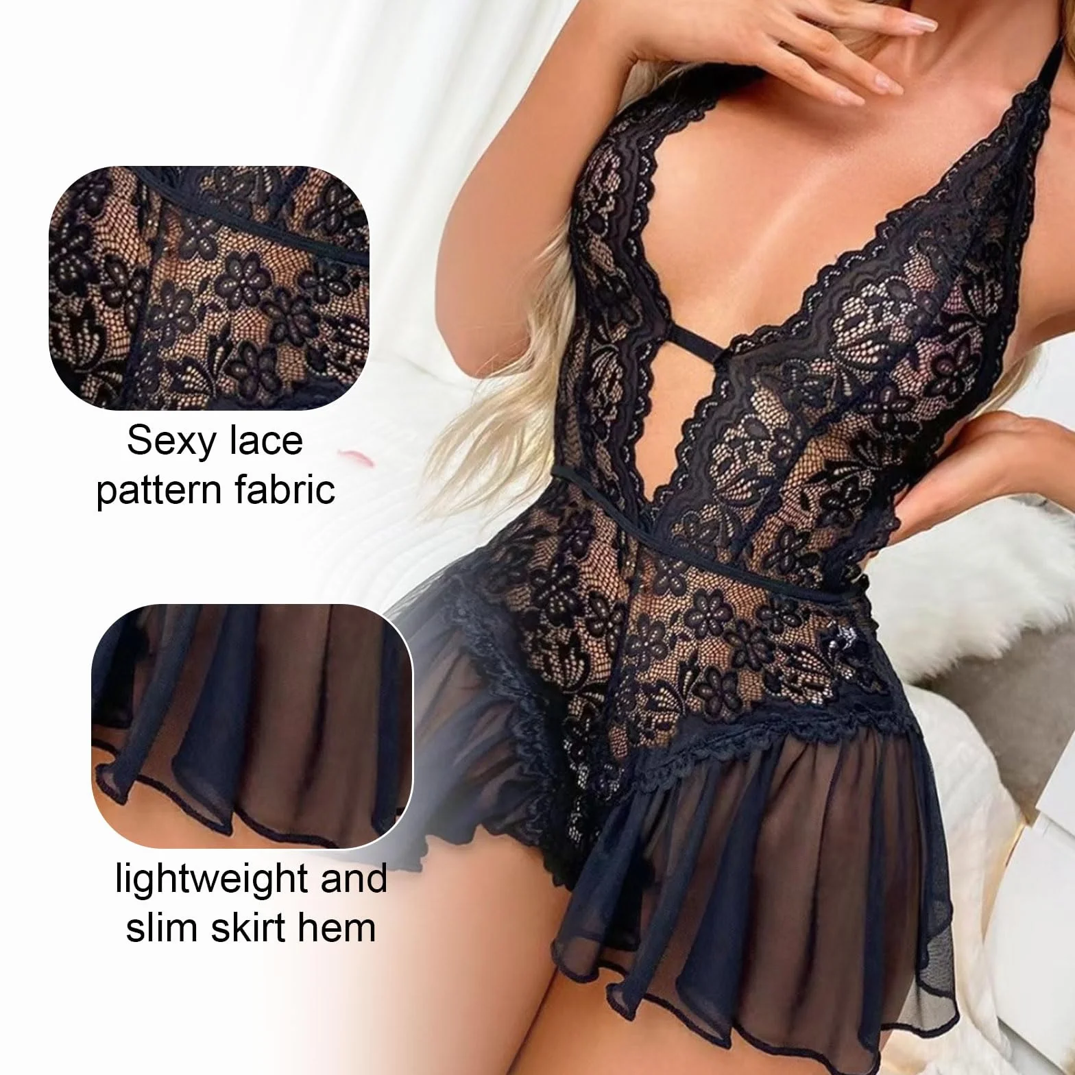 Babydoll Damska Seksowna Koronkowa Bielizna, Teddy Bielizna Jednoczęściowa Niegrzeczna Hot, Babydoll Przezroczysta Koszula Nocna Siatka Dekolt V Patchwork