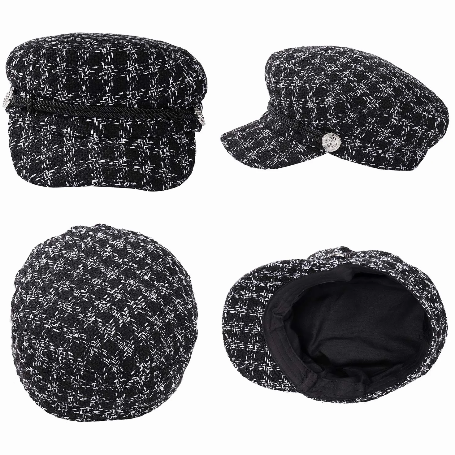 Damska czapka z daszkiem, wzór w pepitkę, beret, damska, swobodna, modna czapka w stylu vintage, elegancka czapka zimowa dla kobiet (M, 56-58 cm), czarna, 1 sztuka, czarny, 56-58