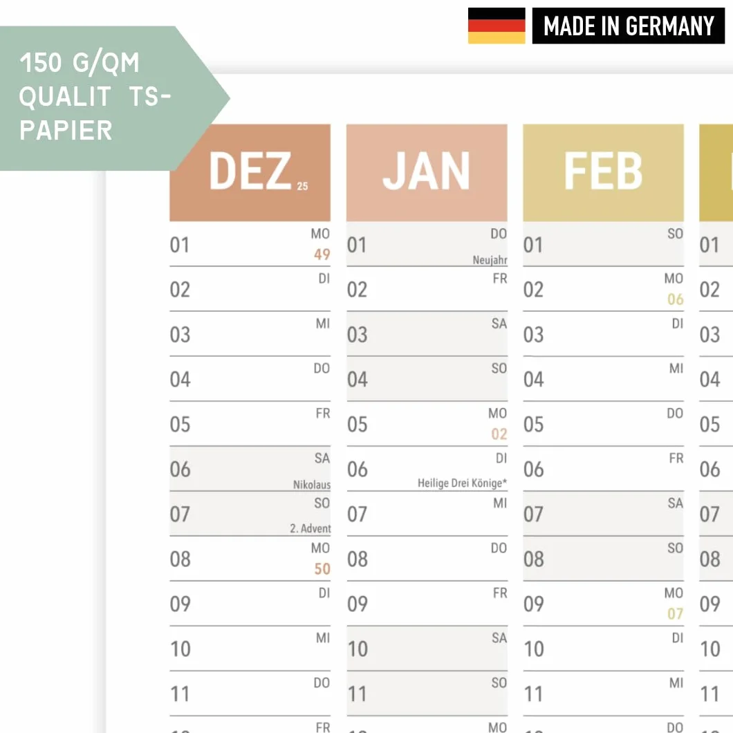 heaven+paper Planer roczny 2026 A1, kalendarz ścienny 2026, duży (+ 80 x 60 cm), składany z kalendarzem na 14 miesięcy 2026, planer ścienny z świętami, wakacjami szkolnymi, tygodniami, Niemcy