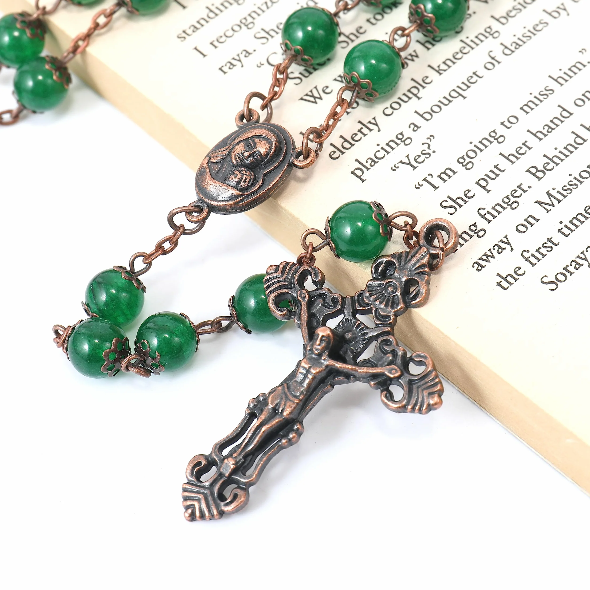 Vintage Design różaniec koraliki z kamienia naturalnego 8mm naszyjnik medal świętej ziemi i krzyż krucyfiks różańce religijne kolekcja Terra Santa Jerusalem