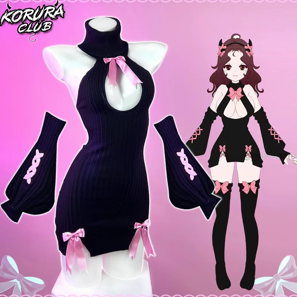 KORURACLUB Sweter z kokardą kostium (zestaw 3-częściowy) Premium pulower Cosplay Dessous sweter kokardkowy sukub bielizna