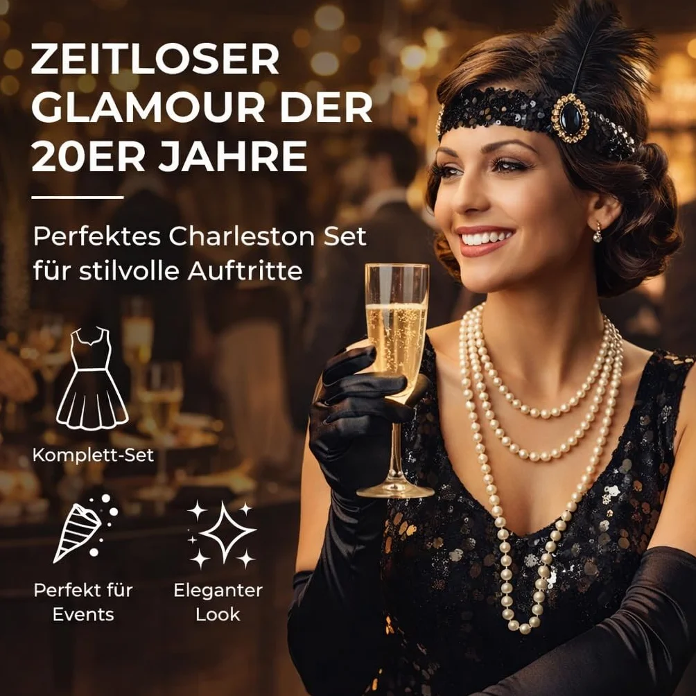 TK Gruppe Timo Klingler Zestaw 20 damskich kostiumów - Charleston Accessories Great Gatsby z rękawiczkami, naszyjnik, opaska na czoło, czarna karnawał i karnawał