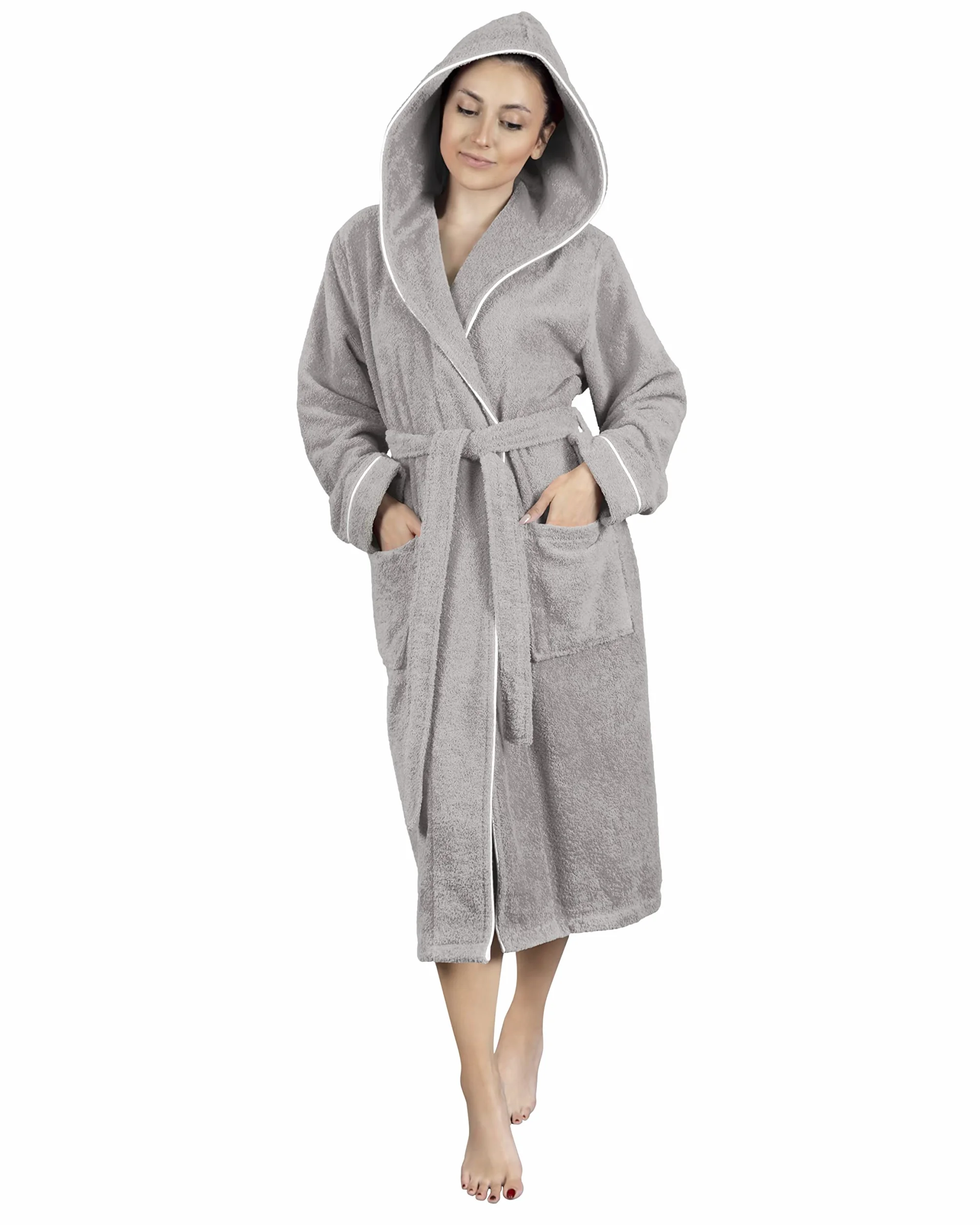 LAYNENBURG Damski szlafrok frotte - kaptur - długi - 100% bawełna (380g/m2) - OEKO TEX Standard 100 - rozmiar S, M, L, XL, XXL, 3XL