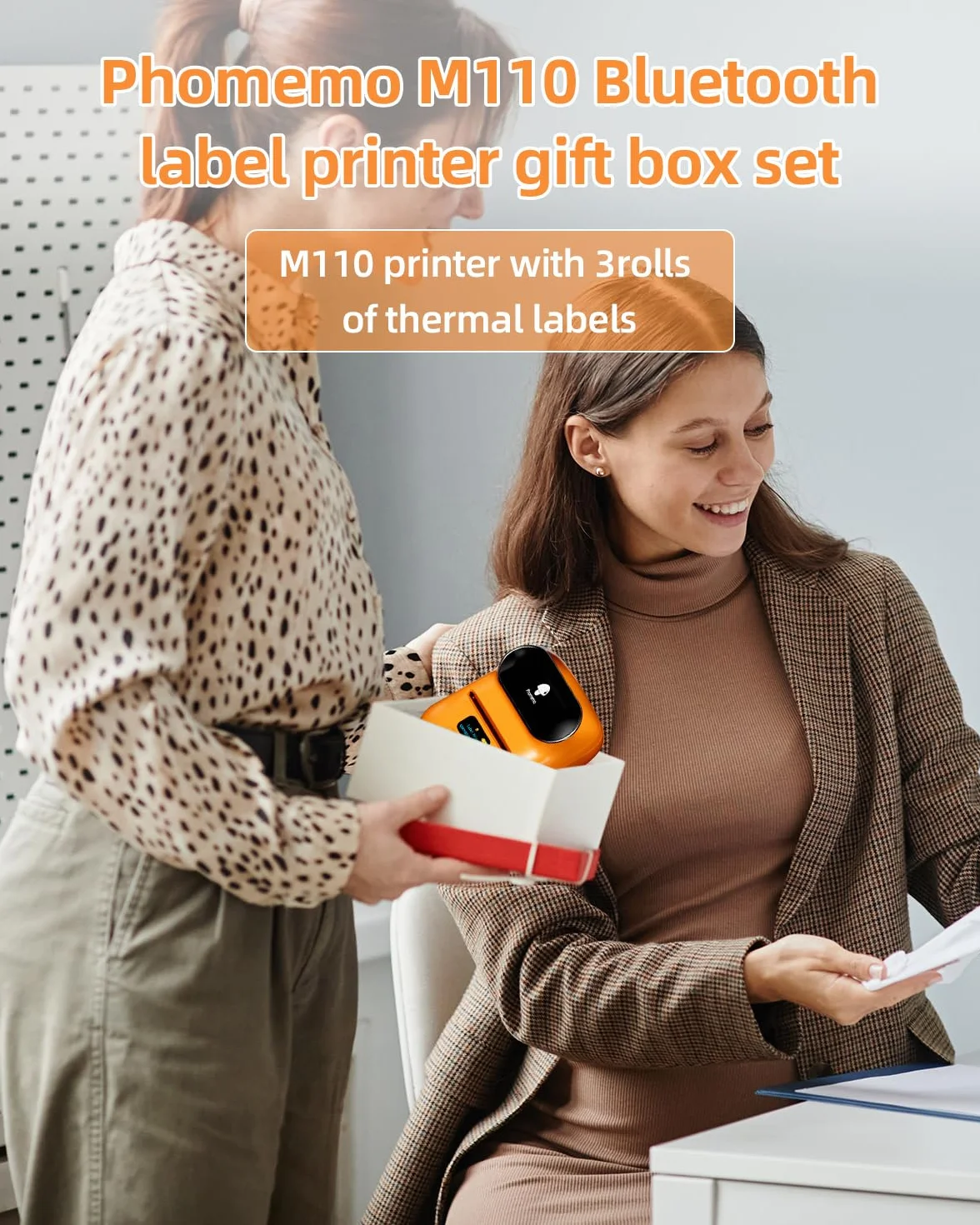 Phomemo M110 drukarka etykiet Bluetooth, przenośne urządzenie do etykiet, samoprzylepne, z 3 rolkami etykiet, do sprzedaży detalicznej, biura i małych firm, kolor pomarańczowy