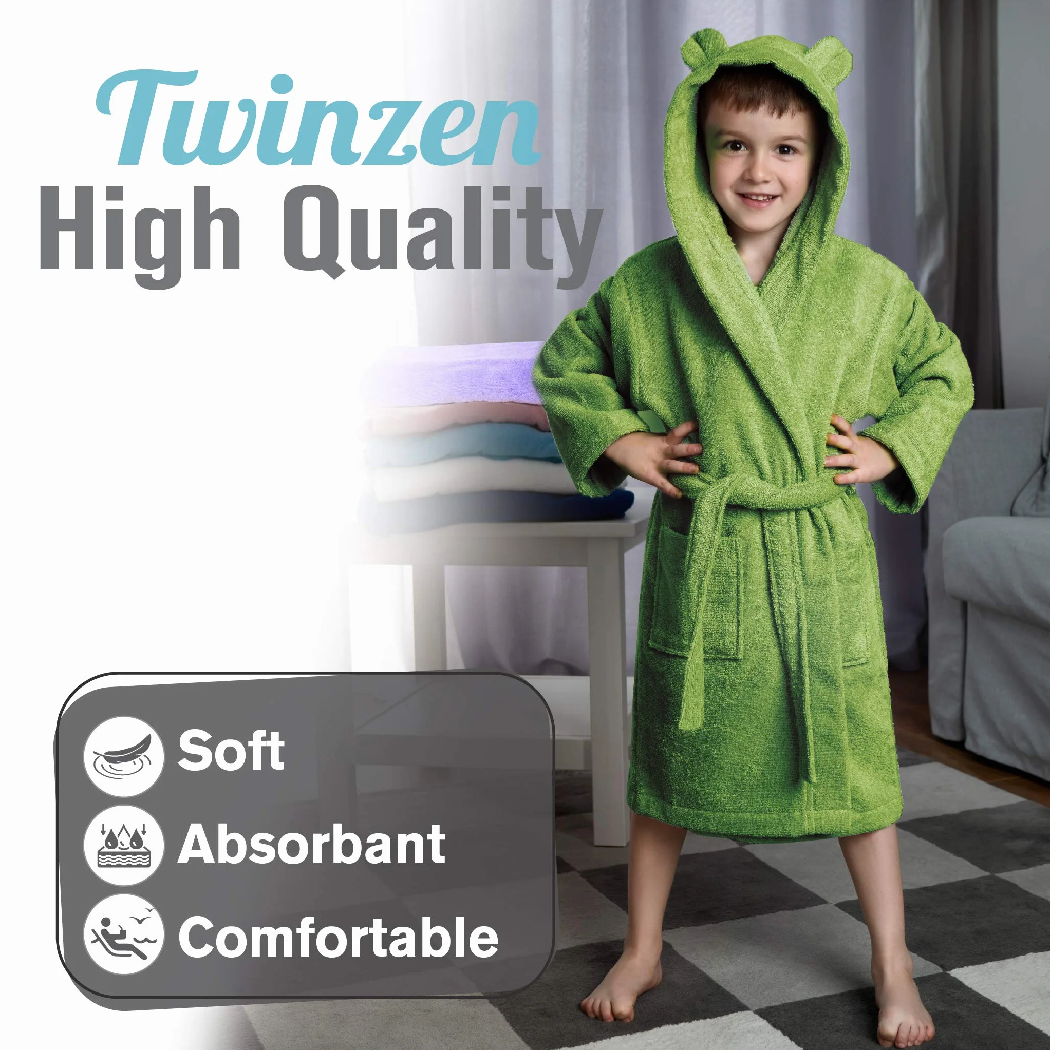 Twinzen - bawełniane dziecko szlafrok dla dziewczynki i chłopca - 100% Oeko-Tex® Bawełna Brak chemikaliów- 2 kieszenie, pas, kaptur z uszami