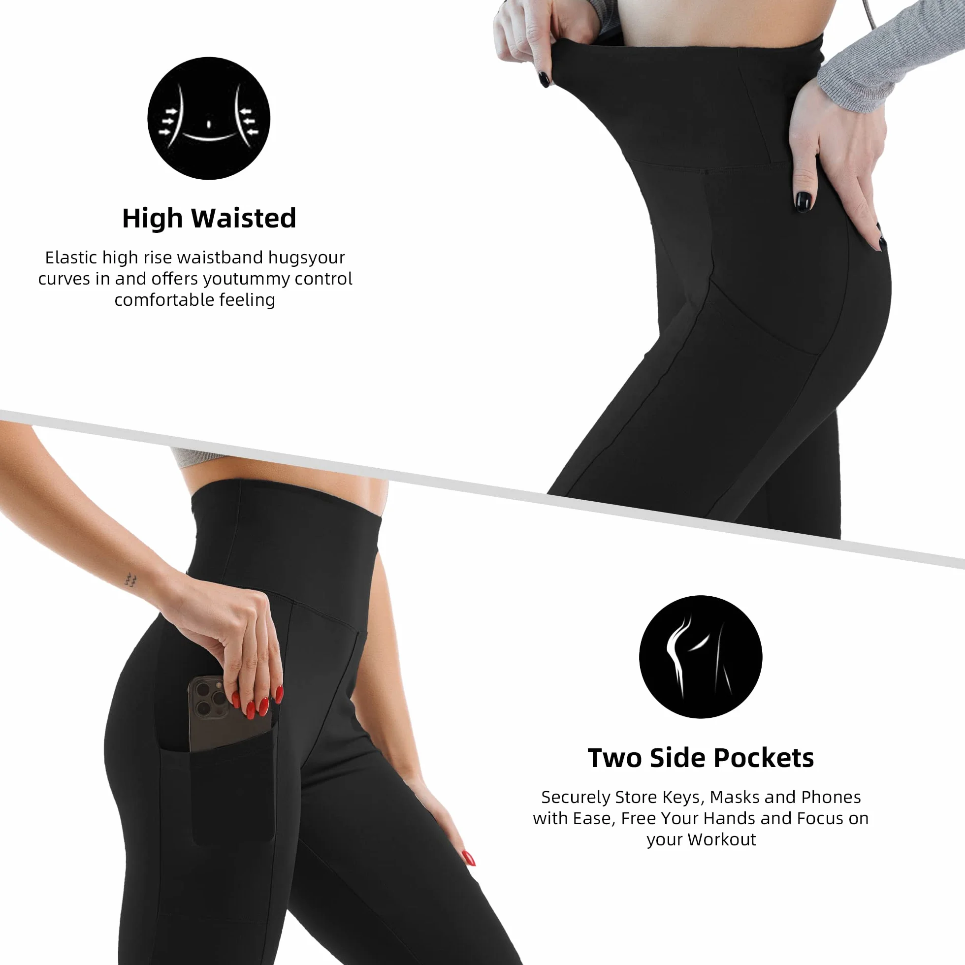 SINOPHANT Legginsy z wysokim stanem, z kieszeniami, dla kobiet, miękkie, elastyczne, nieprzezroczyste, modelujące brzuch, rozciągliwe, spodnie do jogi, L-XL