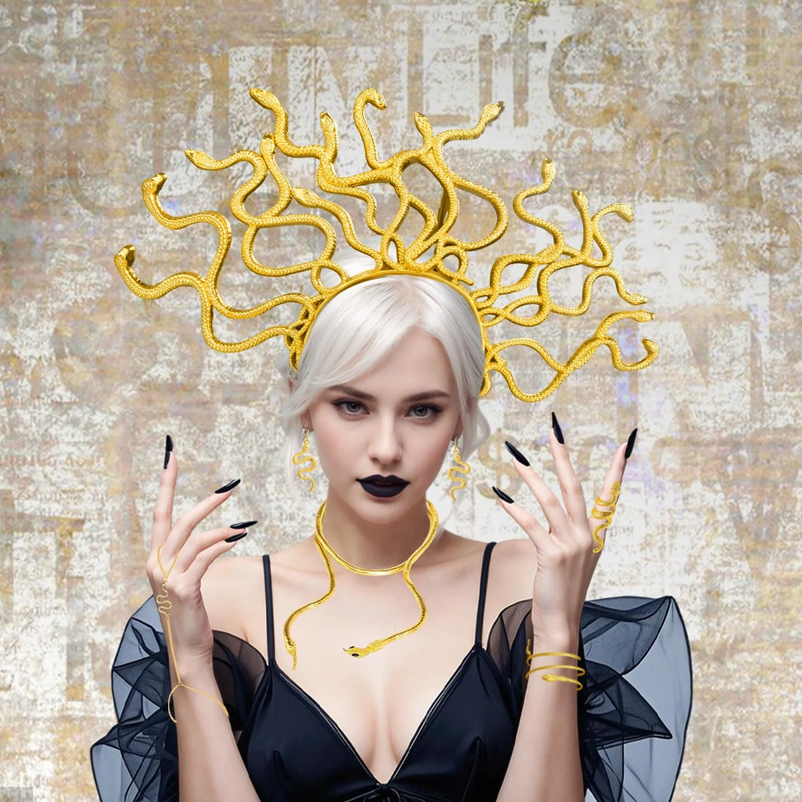 Meduza, opaska na głowę, kostium, meduza, złota opaska na głowę, naszyjnik, choker, łańcuszek na głowę, na karnawał, imprezę, kostium, akcesoria dla kobiet