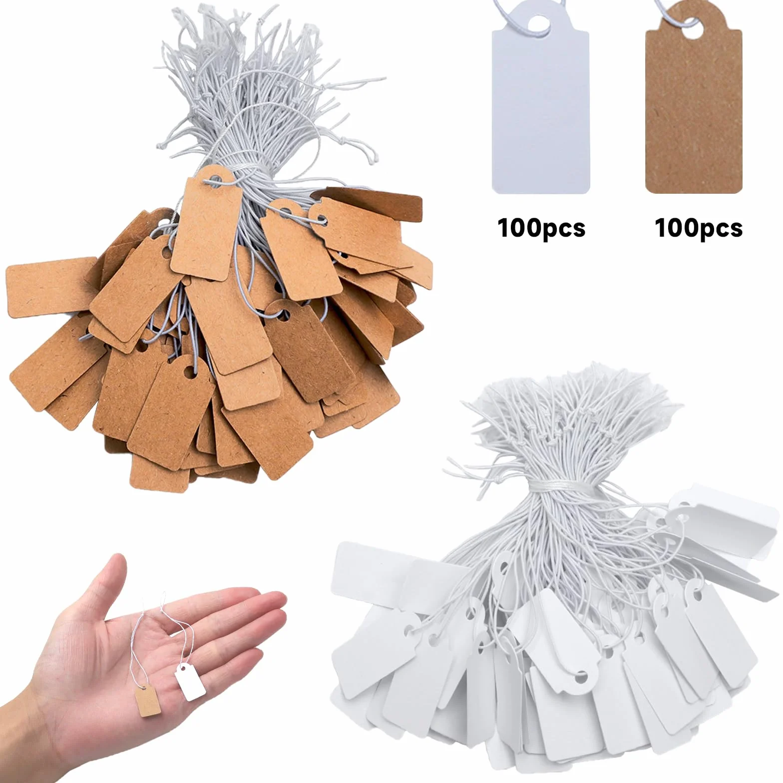 200 sztuk mini metek z elastycznym sznurkiem, metki o wymiarach 26 x 13 mm, białe i brązowe metki do ekspozycji biżuterii, metki do odzieży, pchli targ