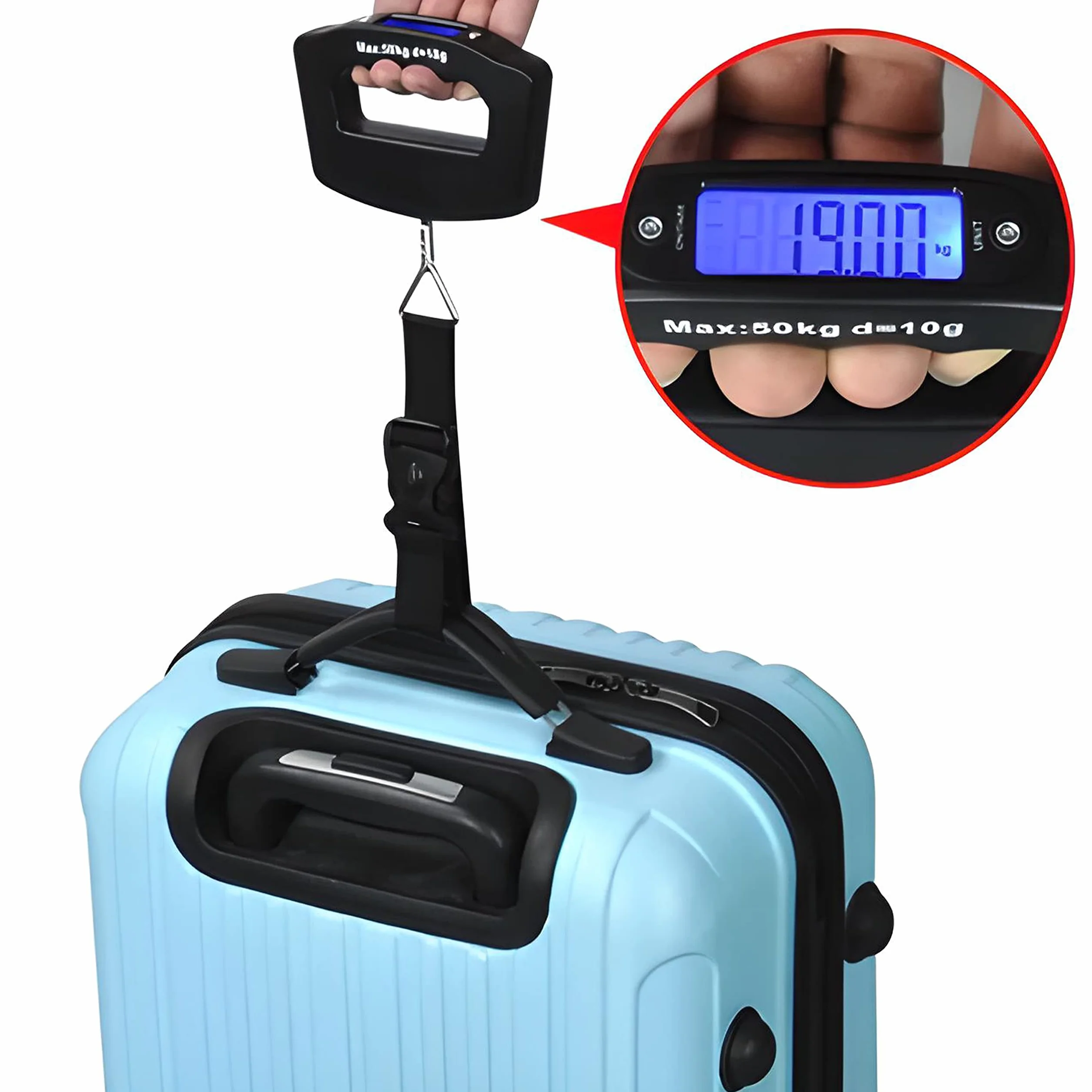 Retoo Cyfrowa waga bagażowa, wyświetlacz LCD, podświetlenie tła LCD, przenośna waga wisząca do walizek, ryb i toreb do 50 kg, funkcja tara, praktyczna w podróży, na baterie, stal nierdzewna, czarna