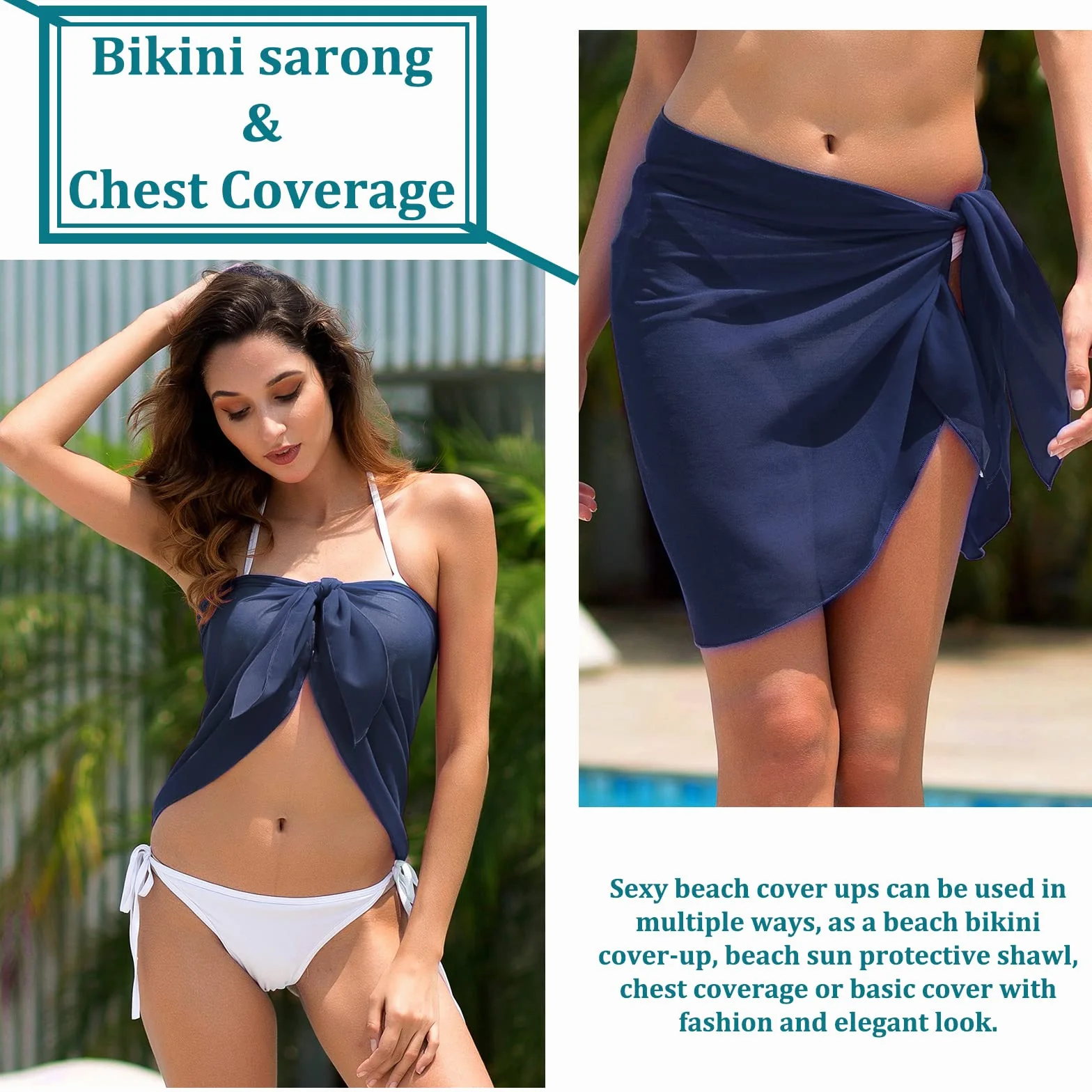 Xnova kobiety pareo plaża Sarong spódnica szyfonowa sukienka bikini stroje kąpielowe damskie krótkie lato okładka do kąpieli basen wakacje sexy strój kąpielowy jednolity kolor, Granatowy 2, rozmiar