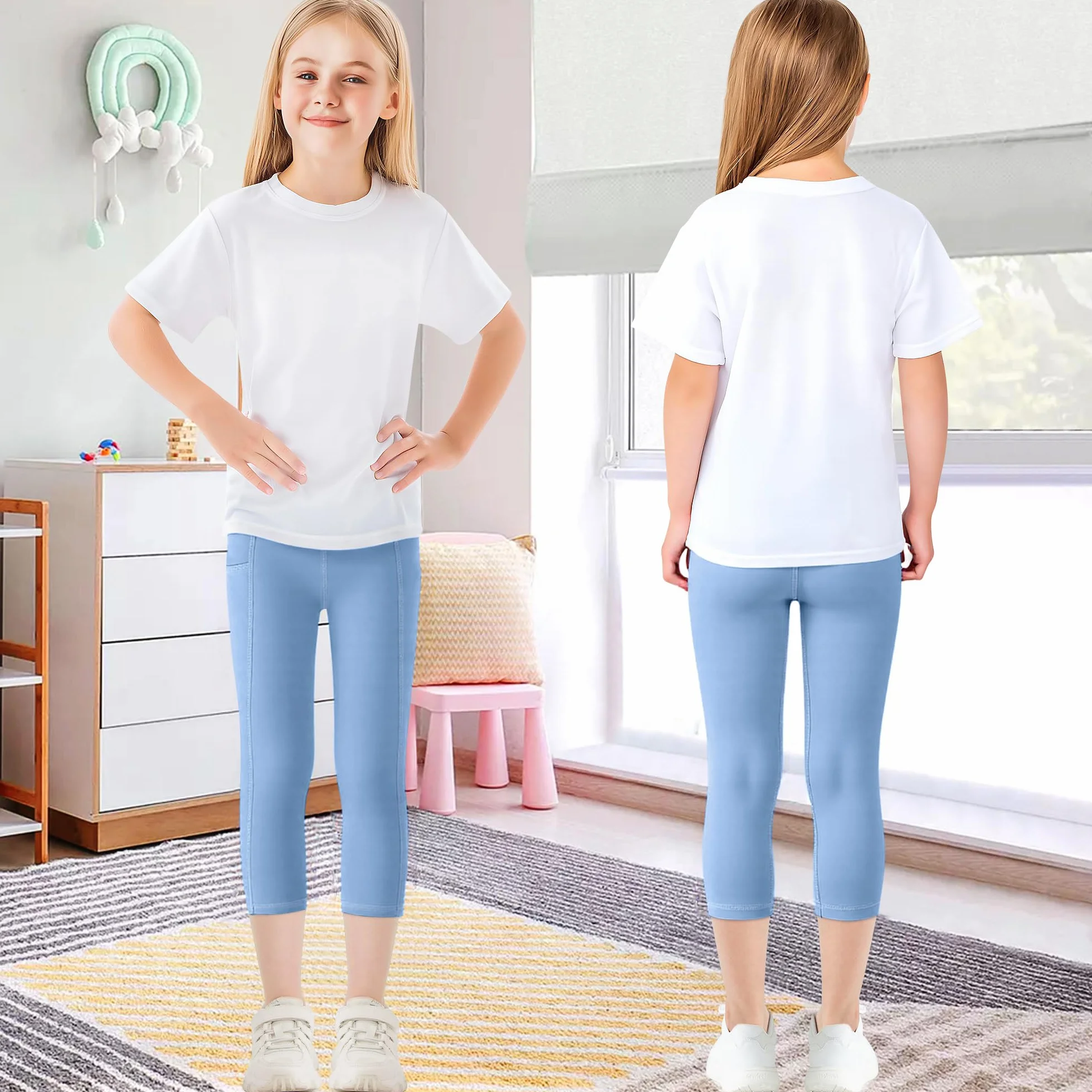 JinBei Legginsy sportowe dla dziewcząt, Capri 3/4, spodnie sportowe z kieszeniami, wysoka talia, legginsy do jogi, spodnie treningowe, długość do kolan, spodnie do biegania, elastyczne, jednokolorowe