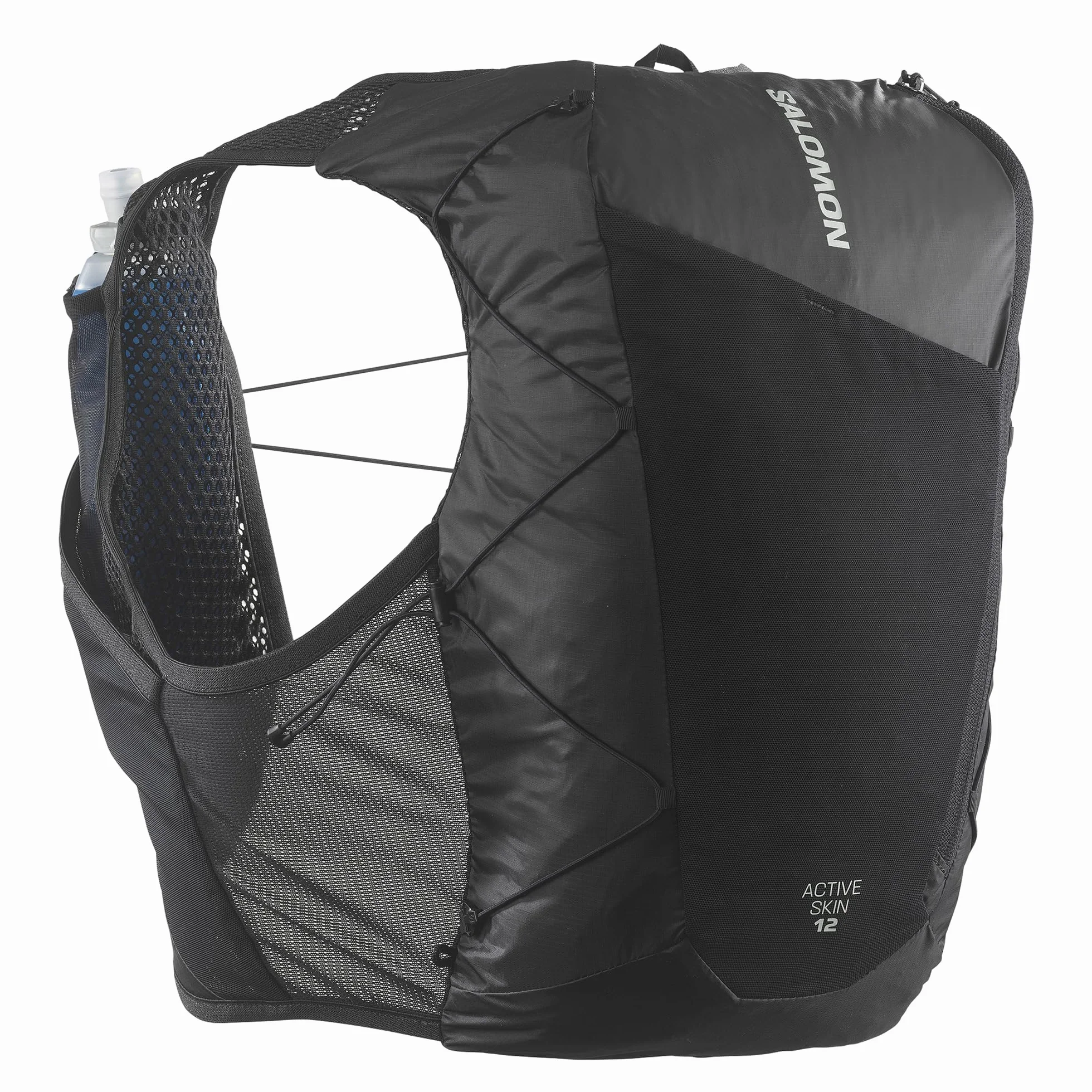 Salomon Active Skin 12 Unisex kamizelka do biegania szlak turystyczny z butelkami w zestawie, 12 l, łatwe nawodnienie, precyzyjne dopasowanie i zoptymalizowane przechowywanie, czarna, S