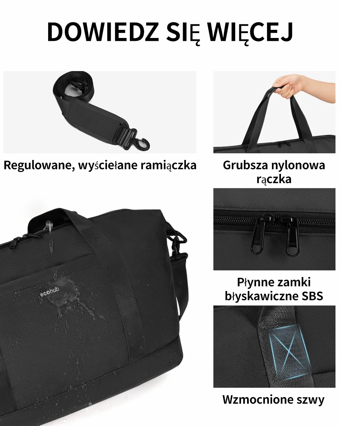 ECOHUB składana Torba podróżna 40x20x25 cm, 20L Lekka Bagaż Podręczny do Samolotu, Torba Kabinowa Ryanair z Wyjmowaną Kieszenią na Mokre Rzeczy, Torba Sportowa PET z Recyklingu Damska Męska(Czarny)