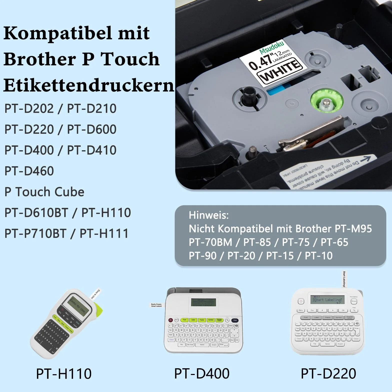 3x Msudoku TZe-231 kompatybilna z taśmami Brother TZe231 TZ-231 12mm x 8m Taśma kompatybilna z Brother PTH100R PTD400 H105 E100 PT1000 PTH110 H101 H107B D210 H100LB, czarna na białym tle