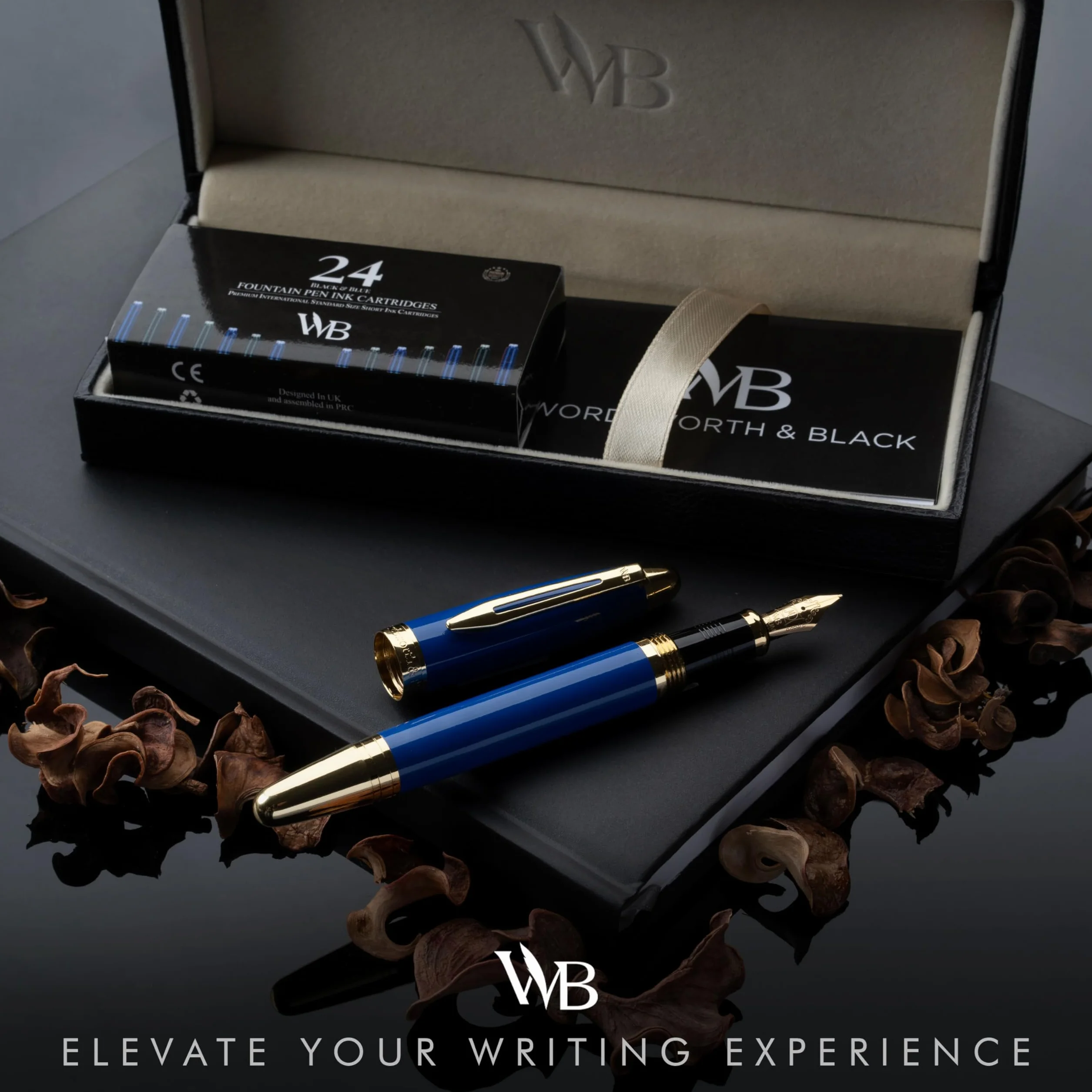 Wordsworth & Black Majesti Pióro wieczne (niebieskie) z luksusowym etui, wykończenie 24-karatowym złotem, średnia stalówka, 18-karatowa złota stalówka, wkłady atramentowe, konwerter atramentu,
