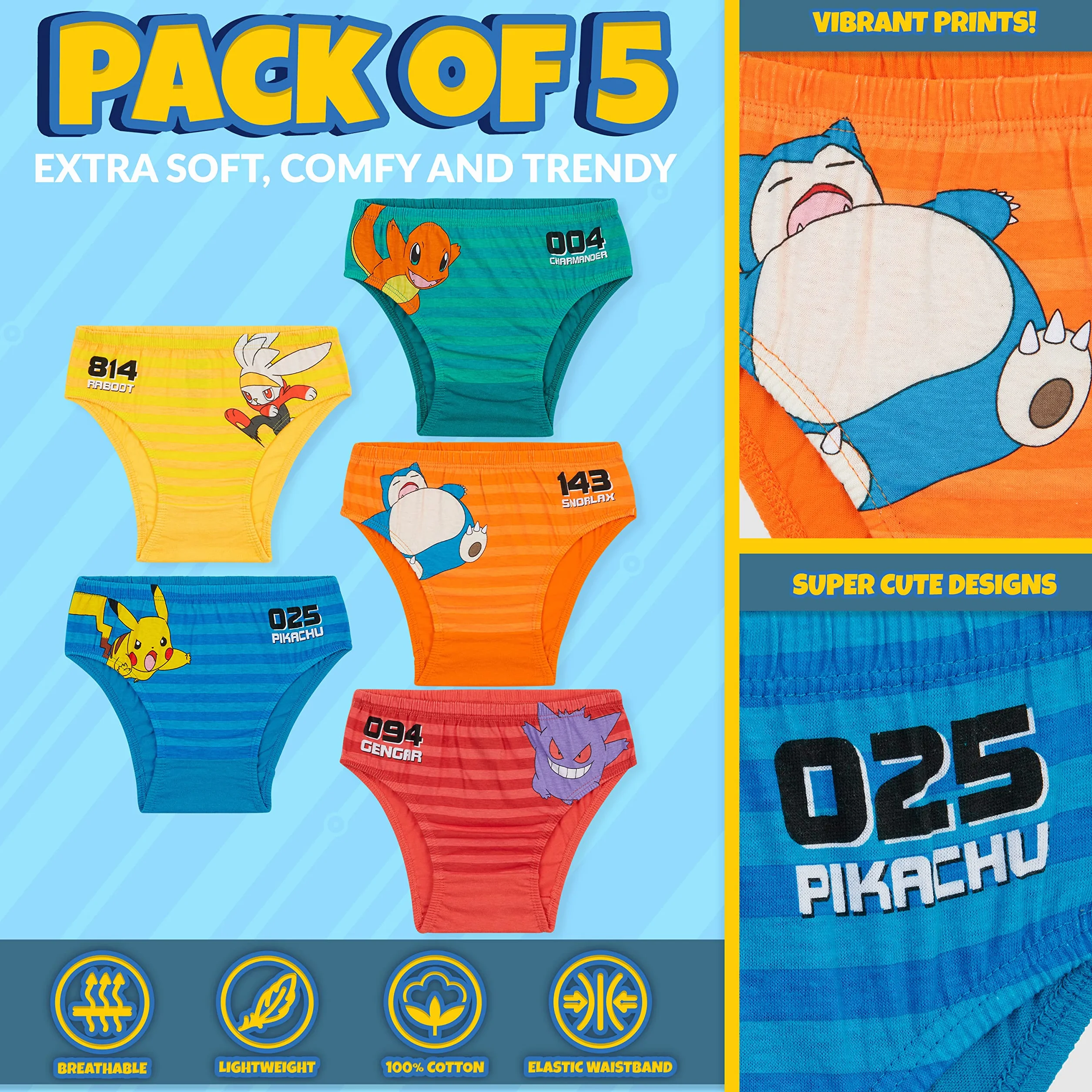 Pokémon Majtki dziecięce, bokserki dla dzieci, chłopców, 4-14 lat, bawełniane, opakowanie 5 gadżetów, prezent