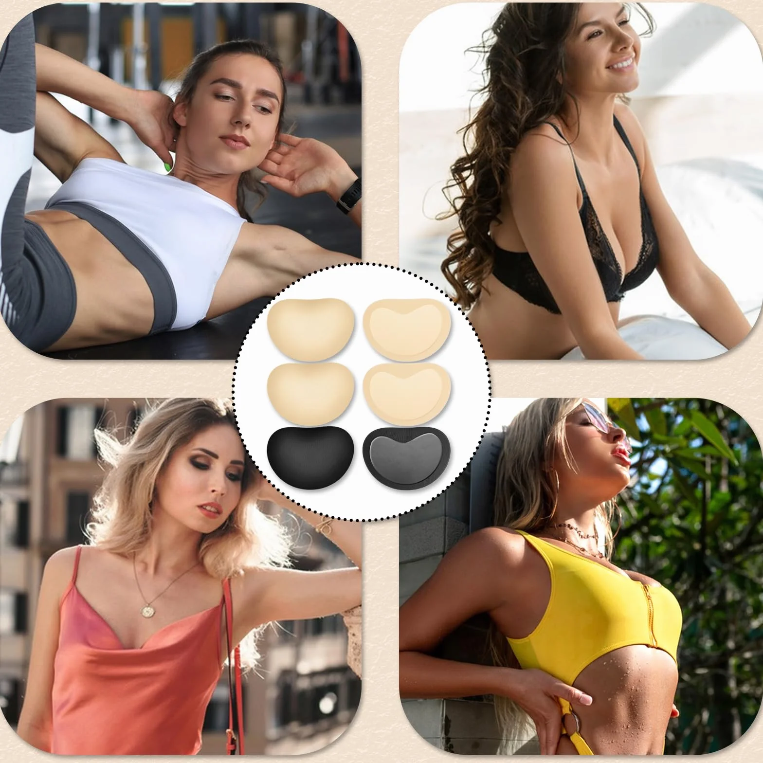 COMNICO 3 pary wkładek do biustonosza, samoprzylepne, push up, oddychające wkładki biustonosza, wyjmowane, wygodne poduszki na piersi dla kobiet, do uprawiania sportu, bikini, kostiumu kąpielowego