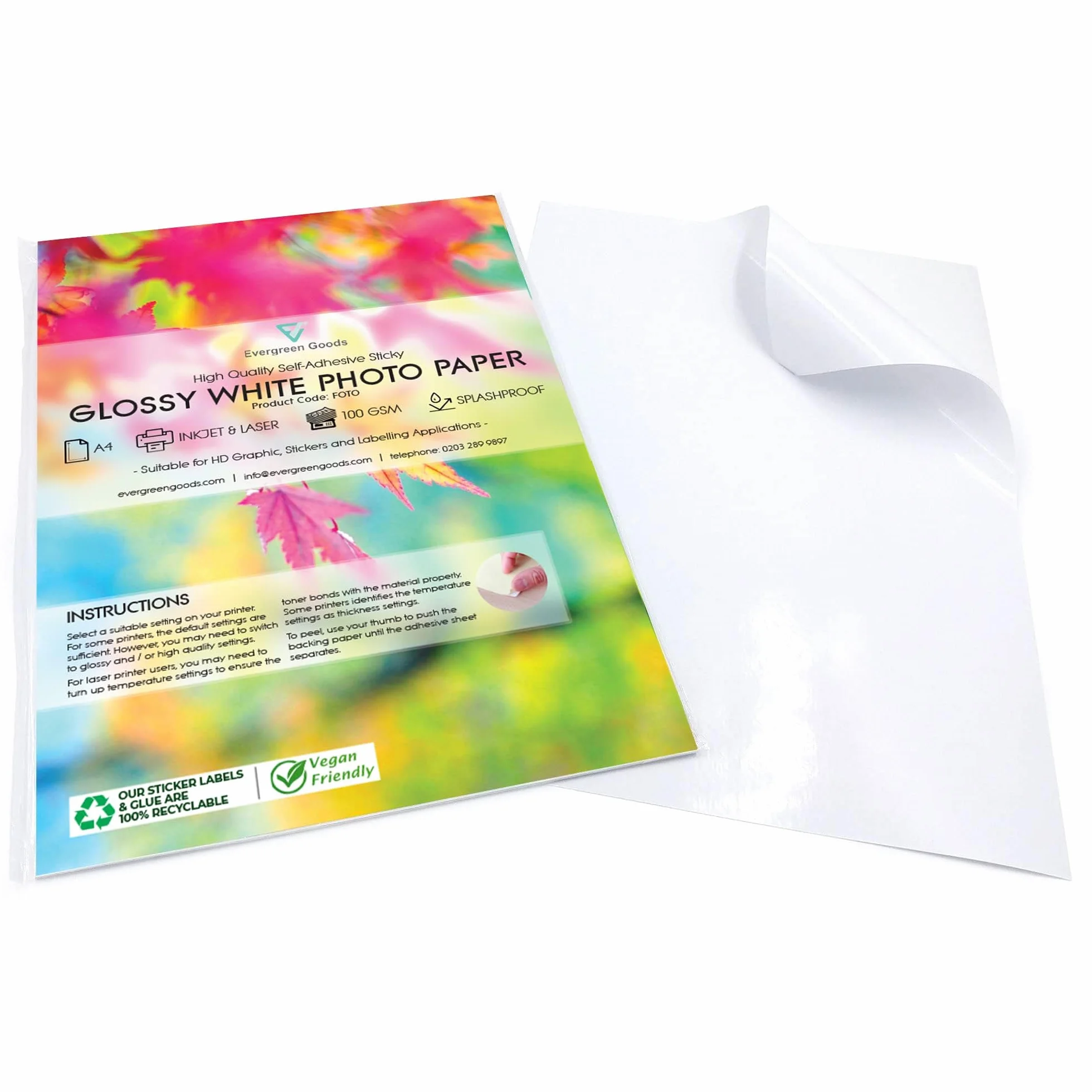 Evergreen Goods 20 arkuszy A4, biały, błyszczący papier do naklejek fotograficznych, odporny na zachlapanie atramentowy i laserowy, samoprzylepna etykieta, idealna do etykietowania produktów,