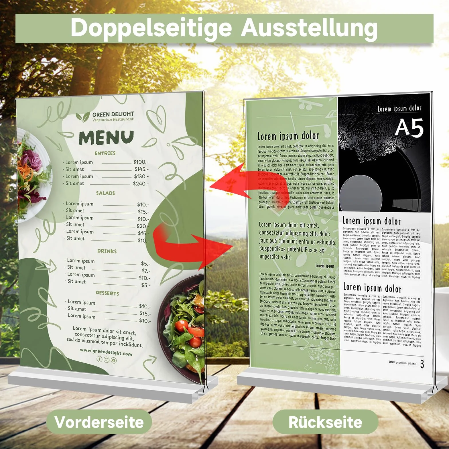 Yoosso stojak na stół, A5, 2 sztuki, akrylowy, stojak na zdjęcia, w kształcie litery T, wodoszczelny, dwustronny, do reklamy, menu, na wesele, do kawiarni, restauracji (21 x 14,8 cm)