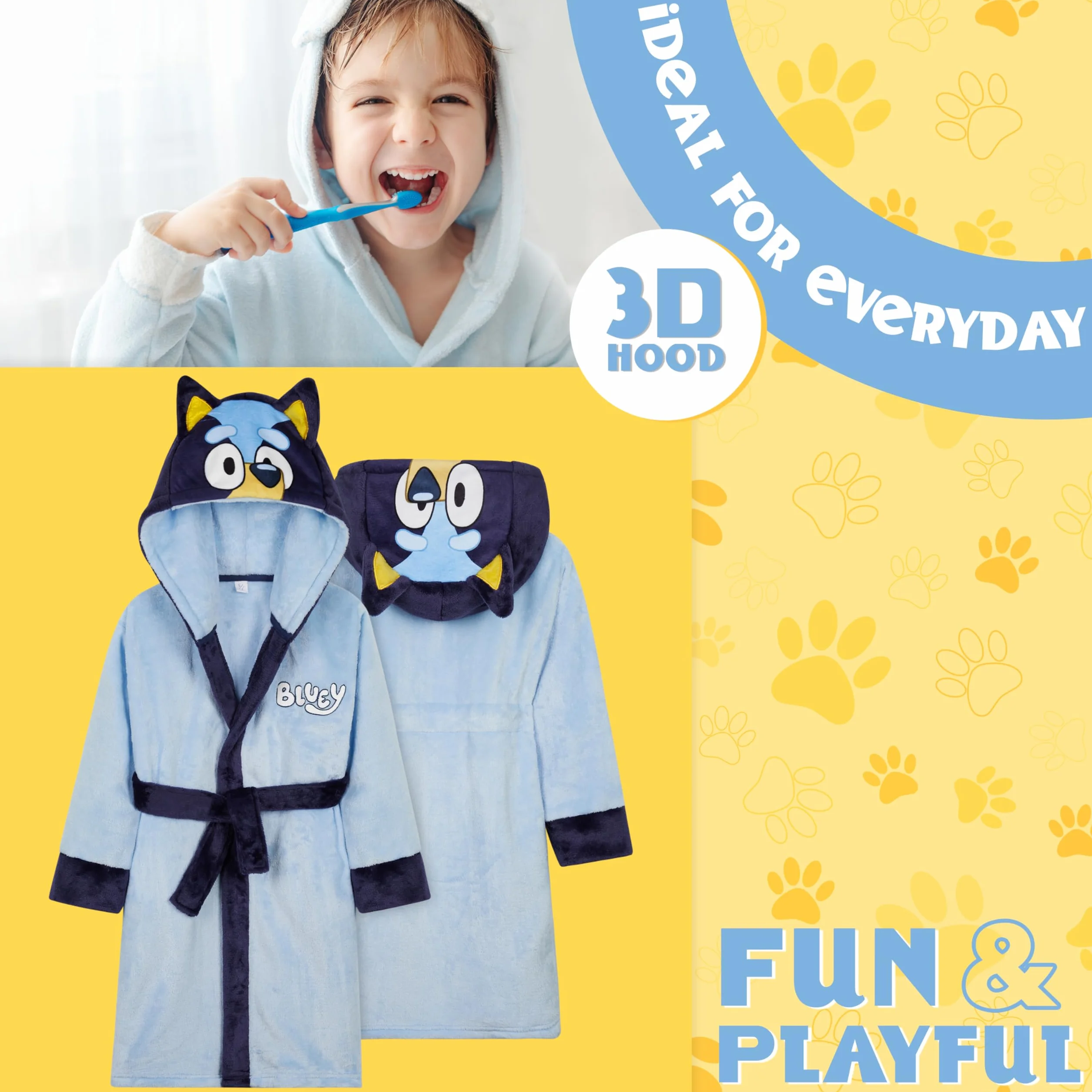 Bluey Szlafrok dla dzieci, rozmiary 18M-8Y z kapturem 3D, szlafrok polarowy, miękki szlafrok, odzież wypoczynkowa, prezenty dla dziewczynek