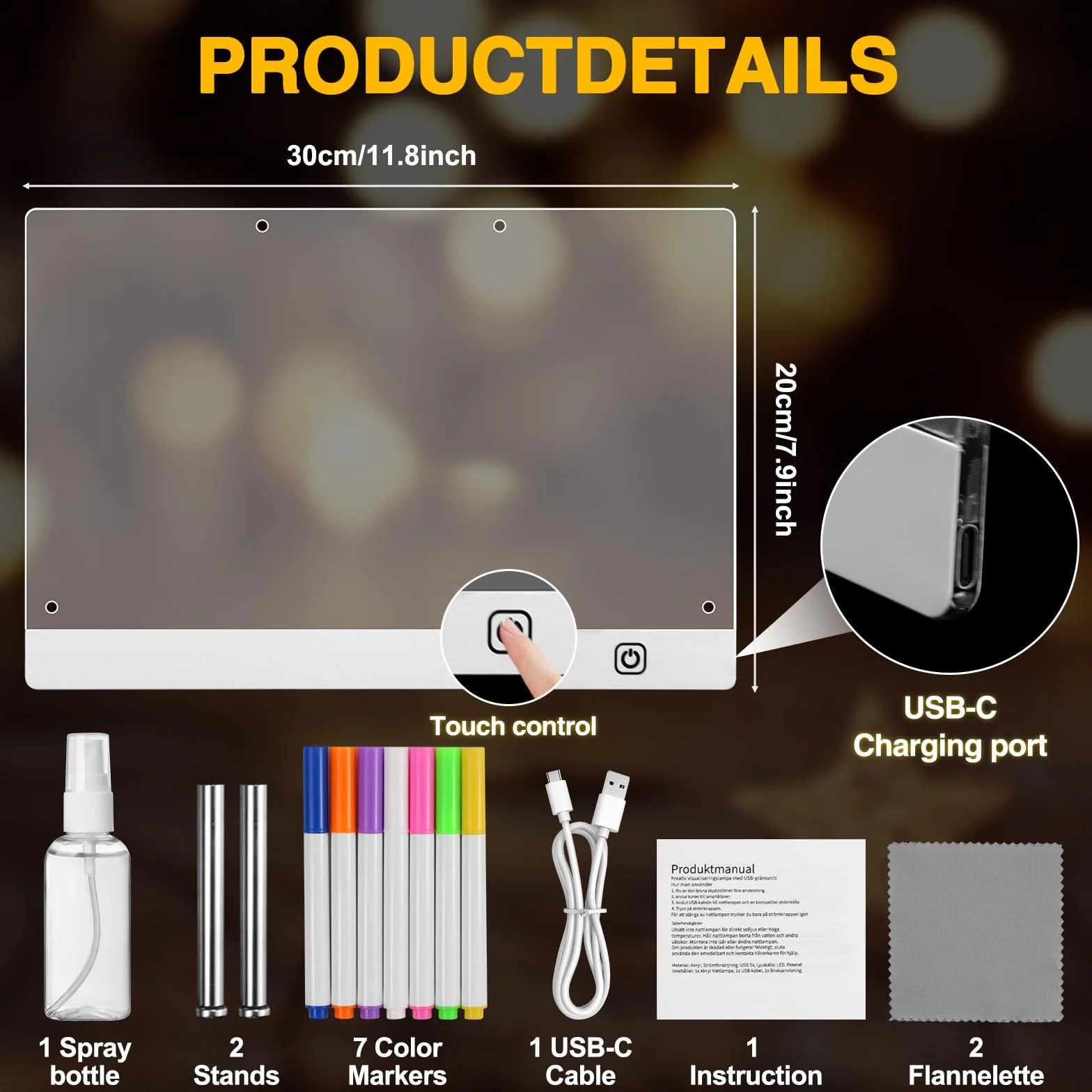 Tablica LED z kolorami, 30 x 20 cm, akrylowa tablica suchościeralna z 6 trybami kolorystycznymi, neonowa tablica podświetlana, świecąca deska kreślarska LED dla dzieci, suchościeralna tablica akrylowa