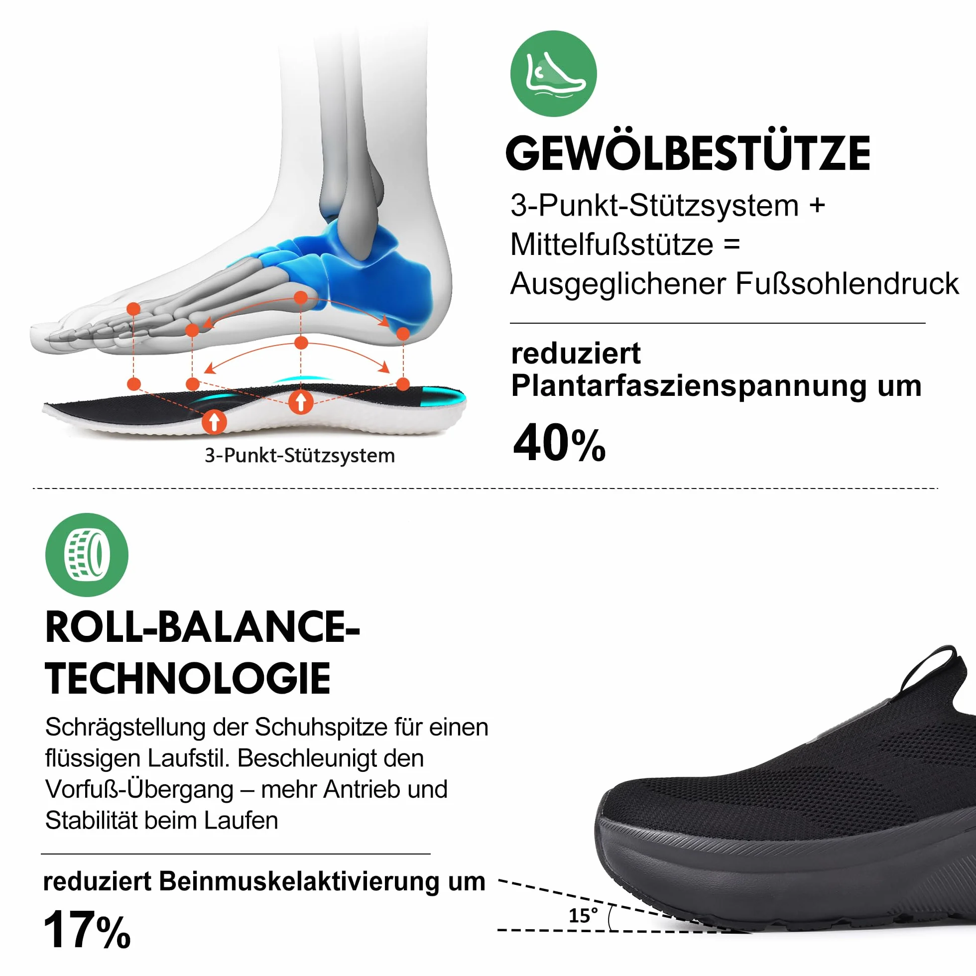 JACKSHIBO Męskie buty wsuwane, wsuwane buty typu sneaker, podparcie łuku stopy, ortopedyczne buty z pianki z pamięcią kształtu, z szerokim obszarem na palcach, podeszwa zerowa, czarny, 43 EU szeroki
