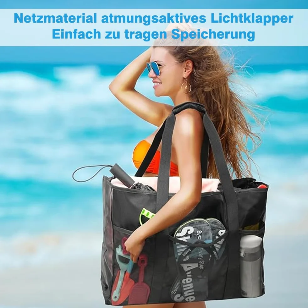Siateczkowa torba plażowa XXL, torba plażowa z zamkiem błyskawicznym, duża torba kąpielowa, na plażę, podróż, piknik, czarna