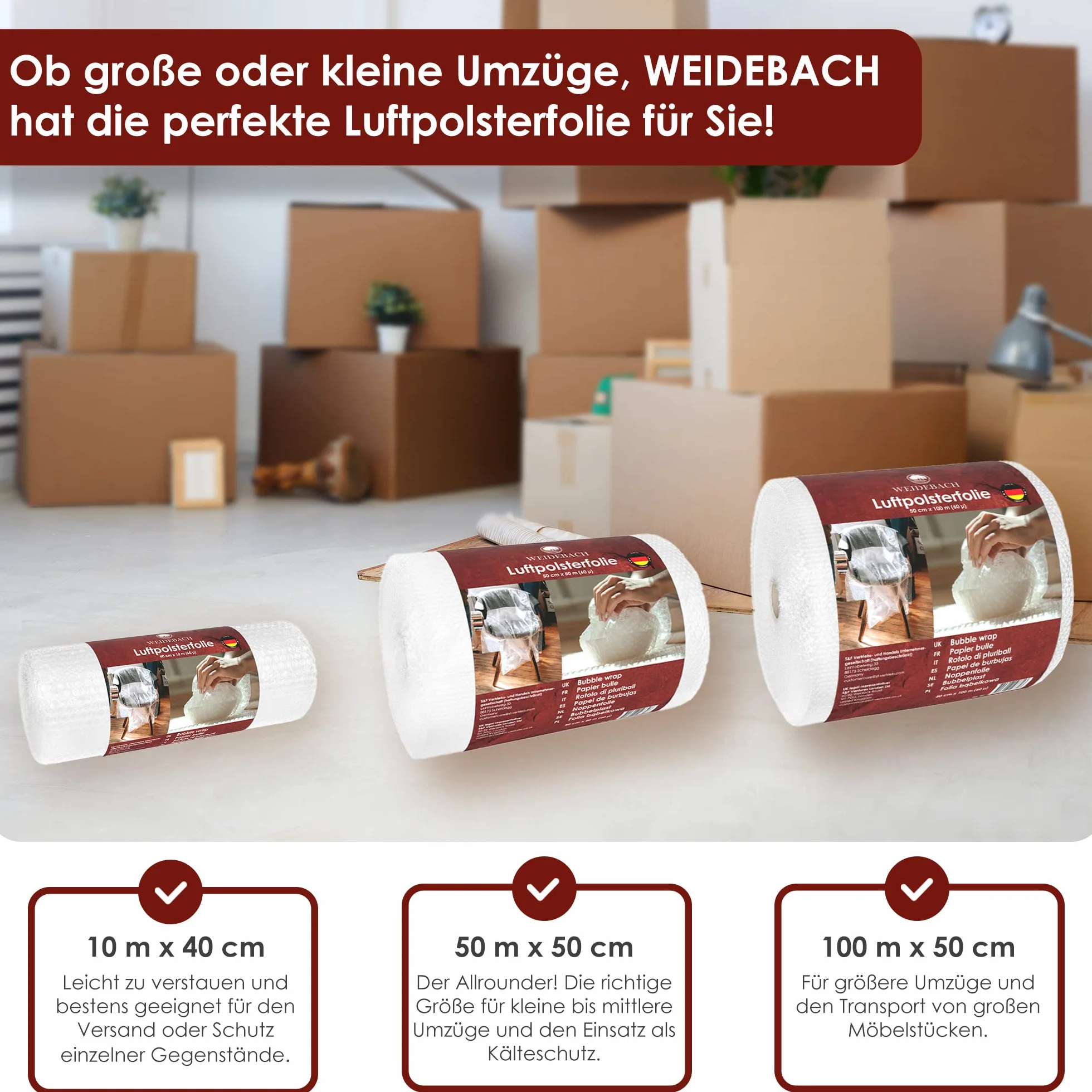 Weidebach Wysokiej jakości folia bąbelkowa 10 m x 40 cm, folia do pakowania (prawdziwa grubość 60 µ / 2-warstwowa), poduszka powietrzna chroni delikatne przedmioty, Bubble Wrap odporna na rozerwanie