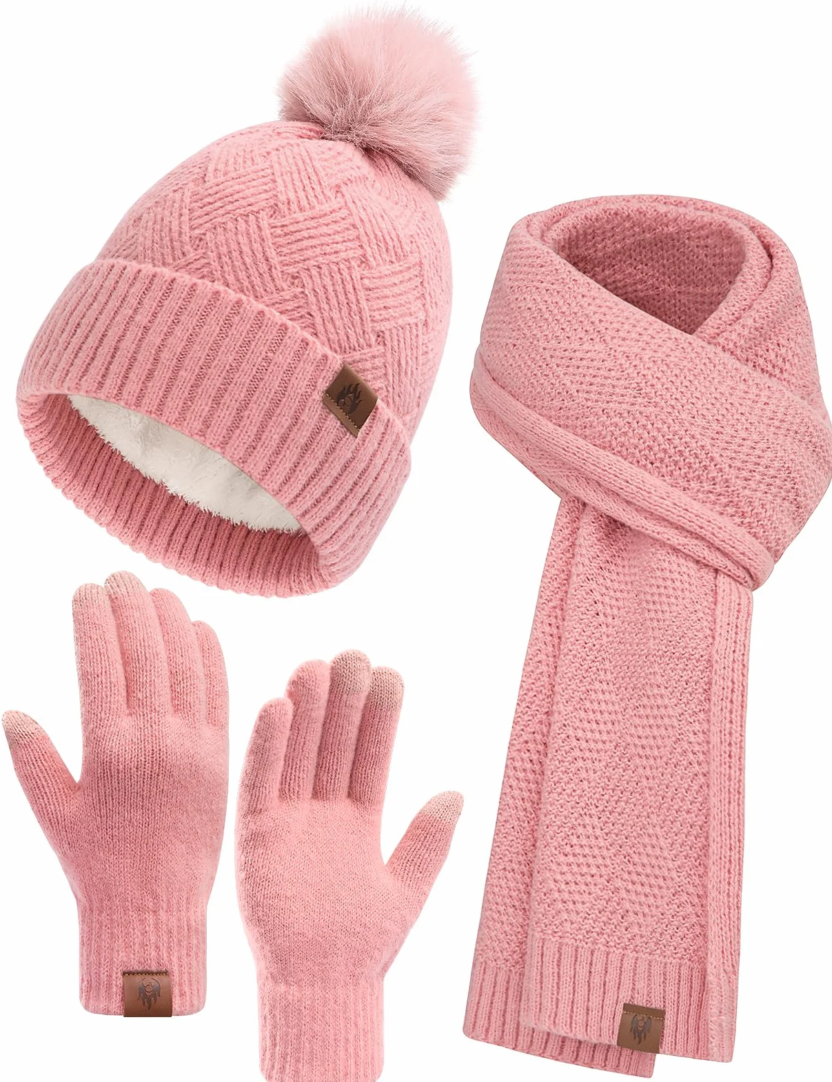 Voqeen Damski szalik czapka zestaw rękawiczek zimowych, ciepły, miękki szal z dzianiny, długi, gruby polar, czapka beanie, czapka z pomponem, ekran dotykowy, zestaw upominkowy dla kobiet 3 w 1