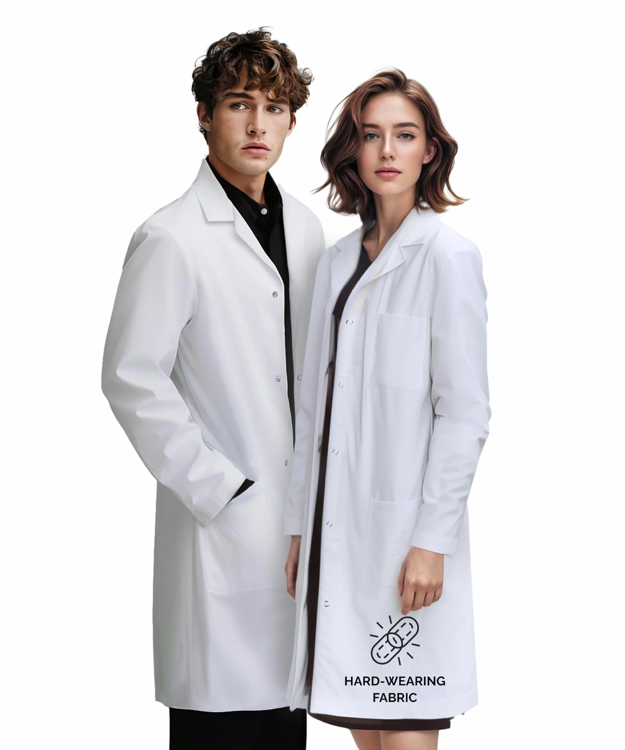 Unisex medyczny fartuch laboratoryjny dla mężczyzn i kobiet, kieszenie na biodrach i klatce piersiowej, klasyczny krój, zapięcie na zatrzask, długość 100 cm