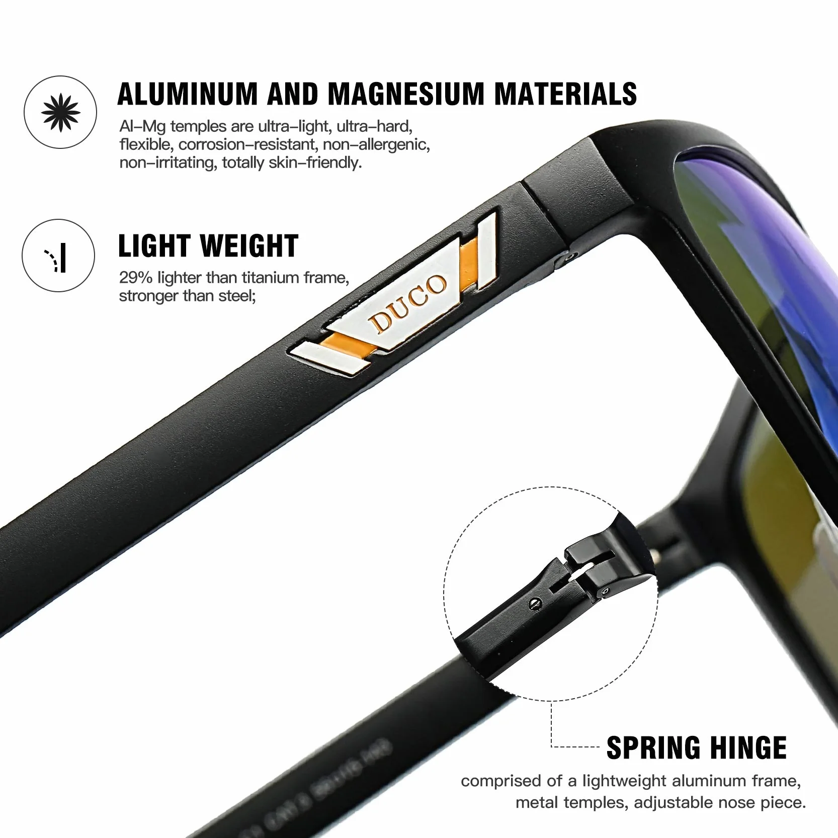 DUCO Okulary przeciwsłoneczne z polaryzacją dla mężczyzn z ochroną UV400, retro, prostokątne oprawki, ultralekkie metalowe oprawki, okulary kierowcy, sportowe okulary przeciwsłoneczne 3029H