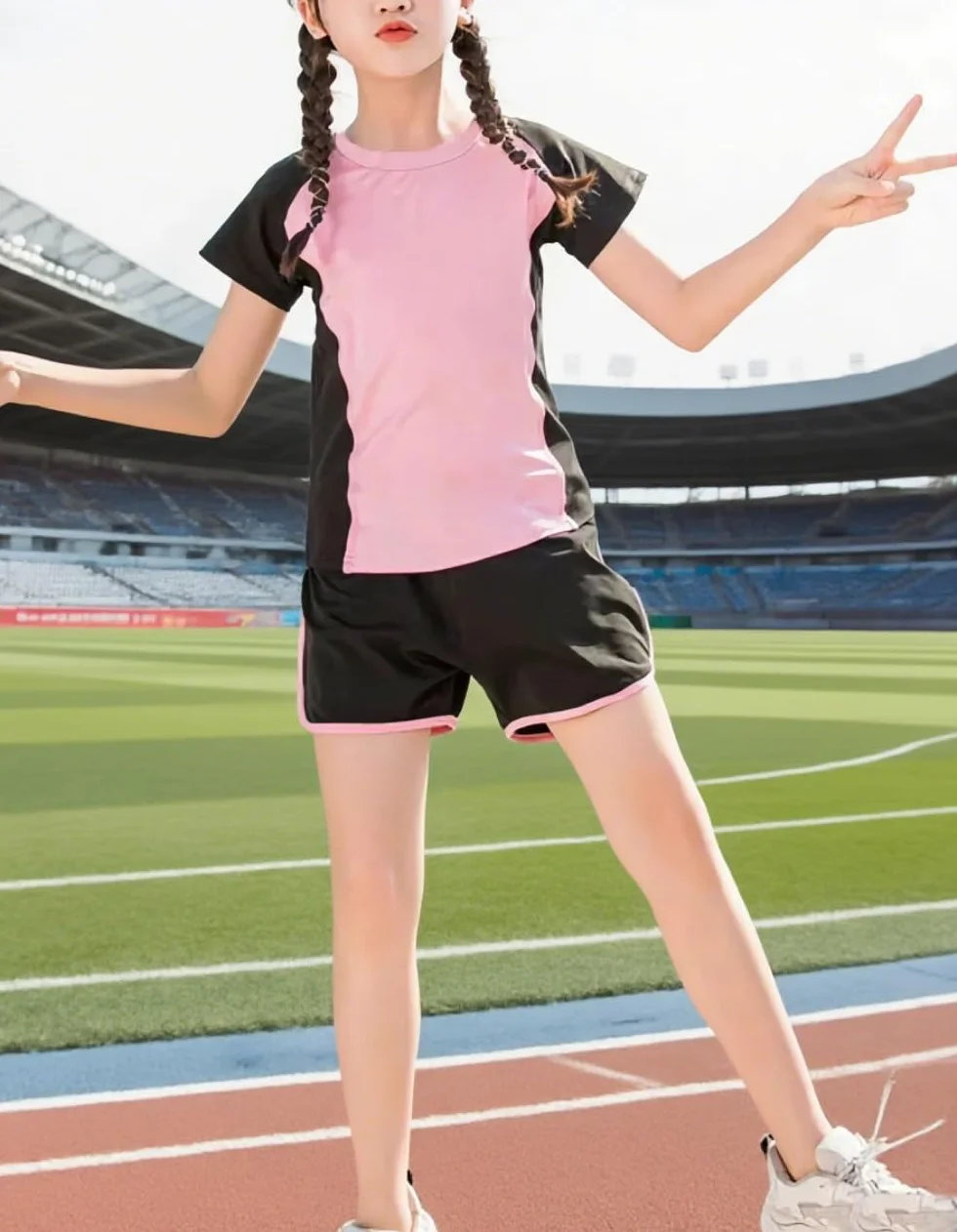 Echinodon Dziewczęcy zestaw sportowy, 2-częściowy, szybkoschnący, t-shirt + szorty, dres treningowy do joggingu, jogi, na lato