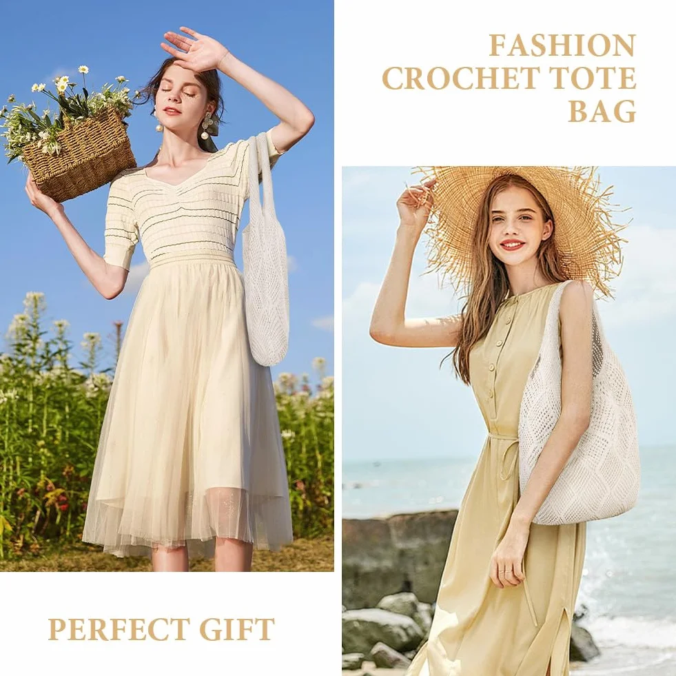 Aucuu Damskie torebki z dzianiny, retro ażurowe plecione torby na ramię, torba na ramię boho, szydełkowa siatkowa torba typu tote, torba plażowa dla kobiet, torba podróżna do zakupów na wakacje