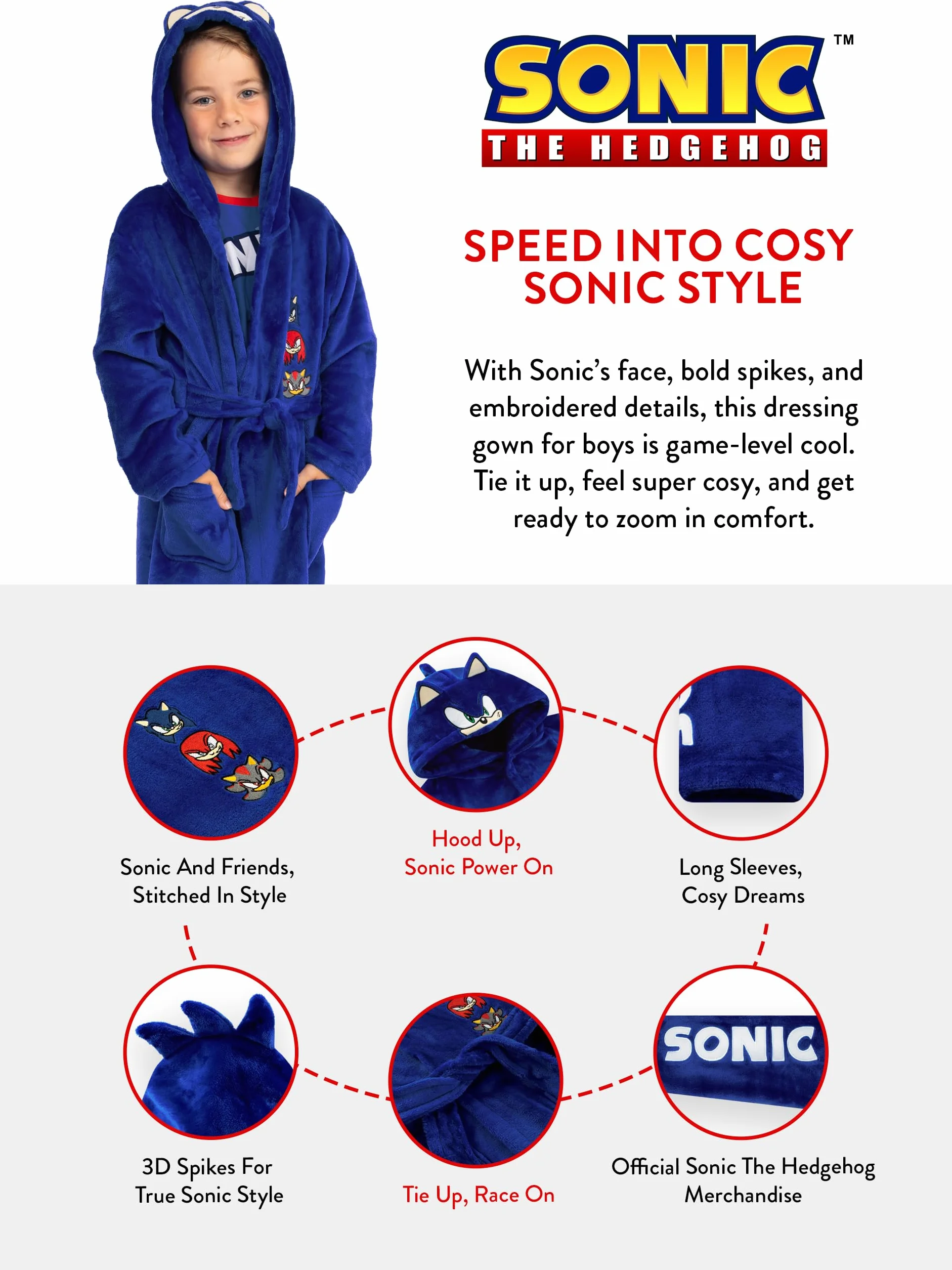 Szlafrok Sonic The Hedgehog Boys, polarowy szlafrok Sonic Kids z uszami 3D