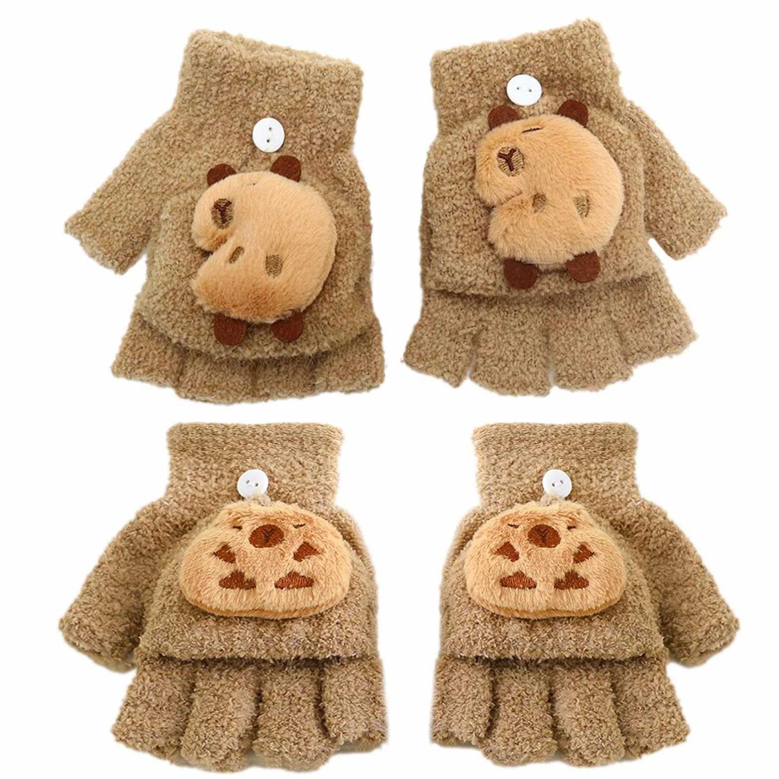 2 pary pluszowych rękawiczek dziecięcych Capybara, rękawiczki bez palców, z pokrowcem, urocze rękawiczki Capybara Flip Top, zimowe ciepłe składane rękawiczki, ciepłe polarowe rękawiczki bez
