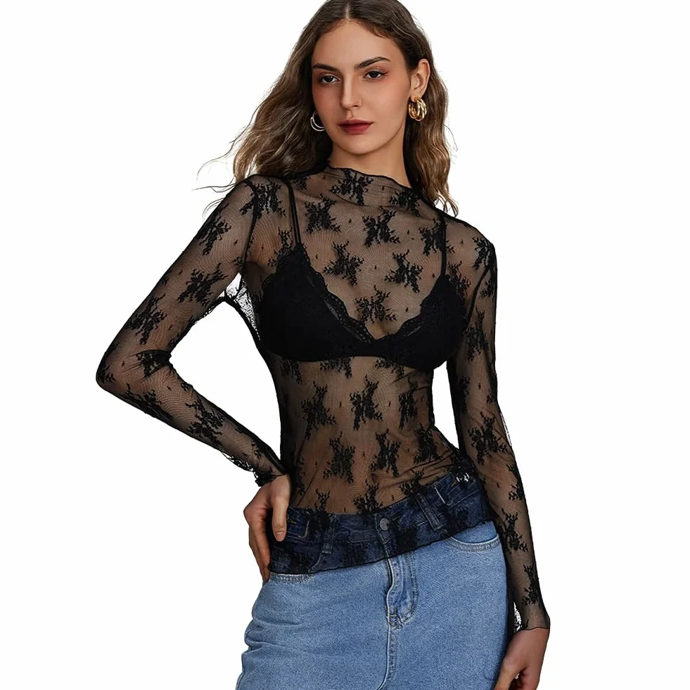 flintronic Damskie przezroczyste topy, długi rękaw seksowny top z siatki, czarny obcisły tiul topy klubowe, seksowny top damski z długim rękawem, elastyczna bluzka z siateczki na imprezę klubową