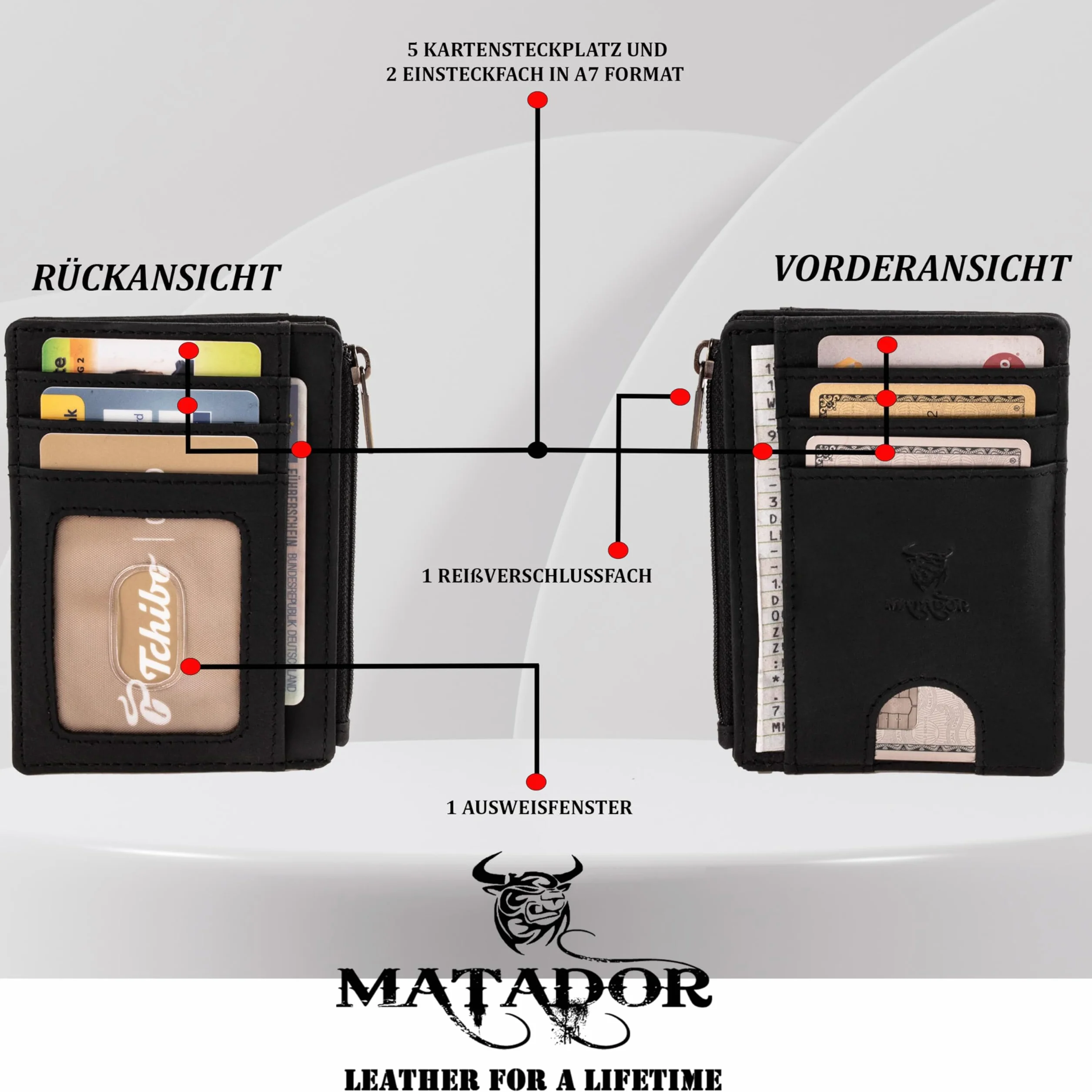 MATADOR Montreal Ultracienki portfel z dużą kieszenią na zamek błyskawiczny, cienka, skórzana obudowa, dla mężczyzn i kobiet, ochrona RFID, z pudełkiem prezentowym, czarny, Flach, Minimalistyczny