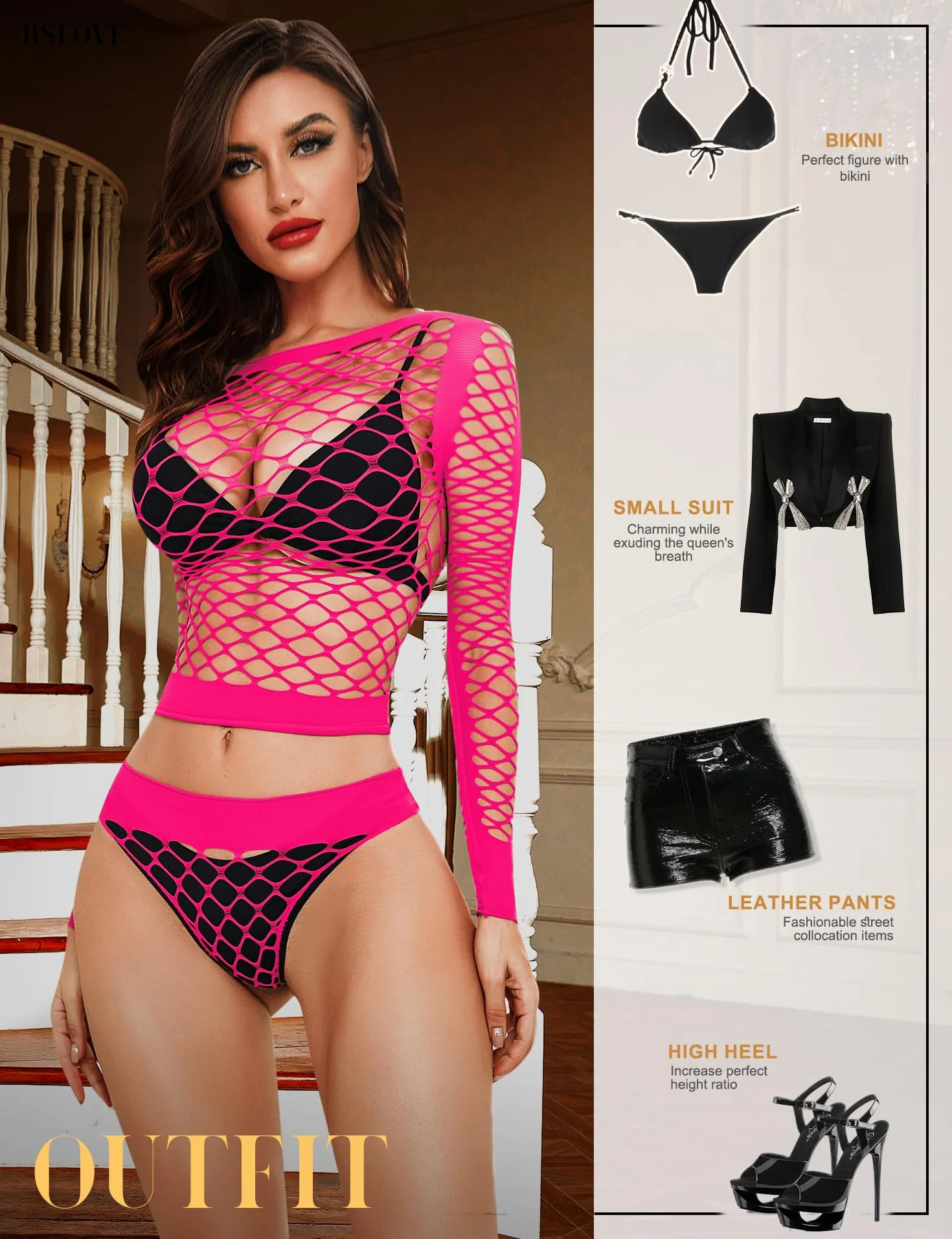 RSLOVE Zestaw bielizny damskiej kabaretki seksowna bielizna nocna body stockings przezroczysta sukienka, Fluo różowy, rozmiar uniwersalny
