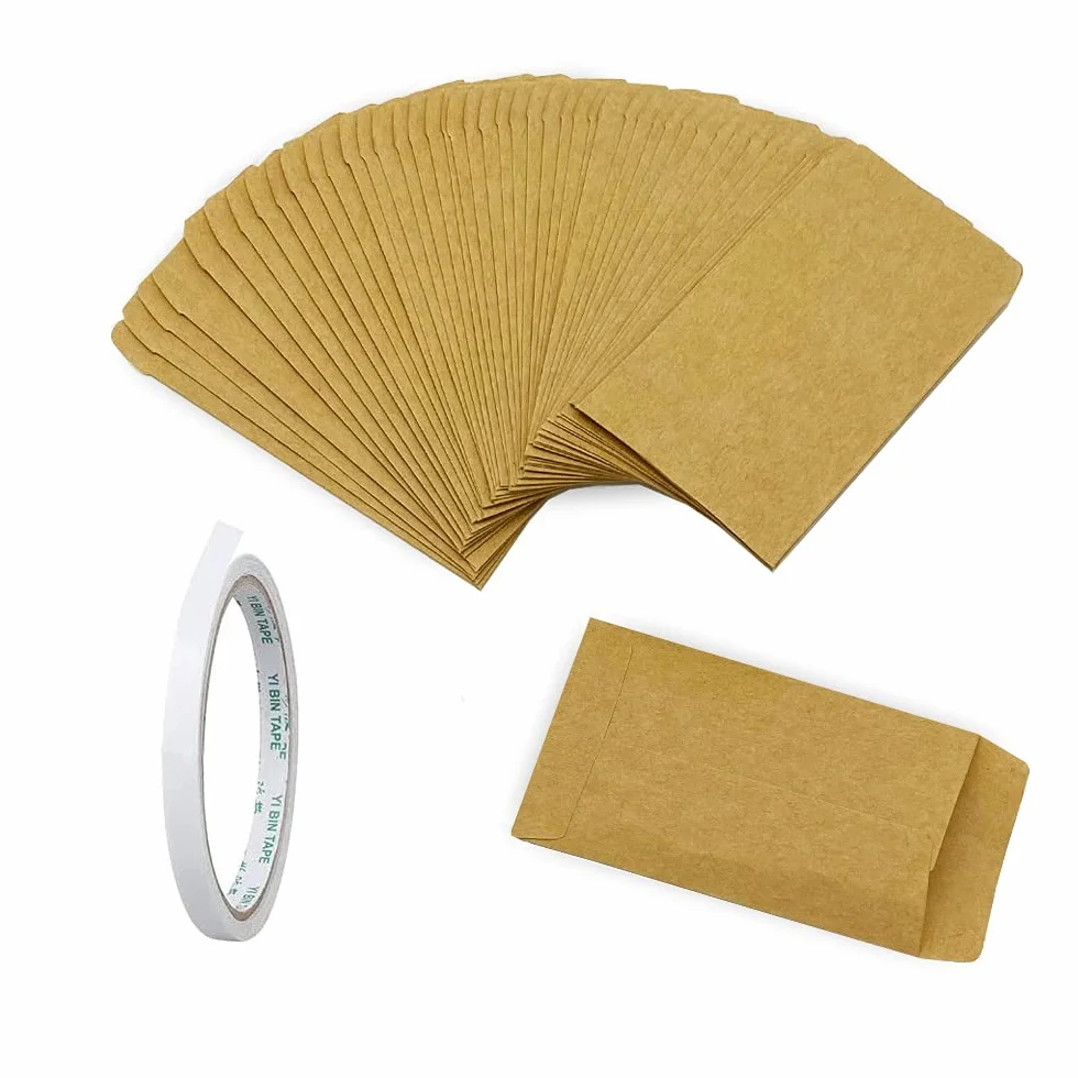 100 szt. Torby papierowe Kraft 6x10 cm Brązowe Koperty Małe Nasiona Kieszonki Vintage Mini Koperta na Monety Cukierki Biżuteria - Z Dwustronną Wstążką