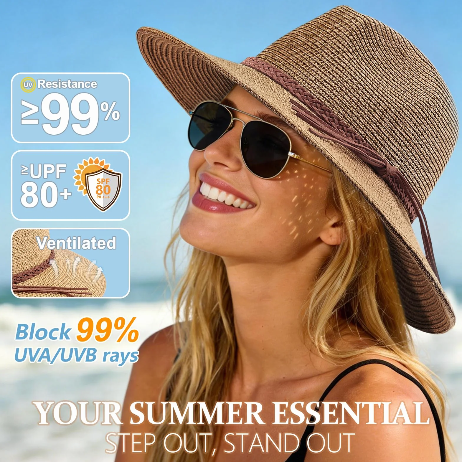 DRESHOW Damski słomkowy kapelusz typu panama Fedora Beach Sun Hat z szerokim rondem Roll-up Hat ze słomy UPF 50+