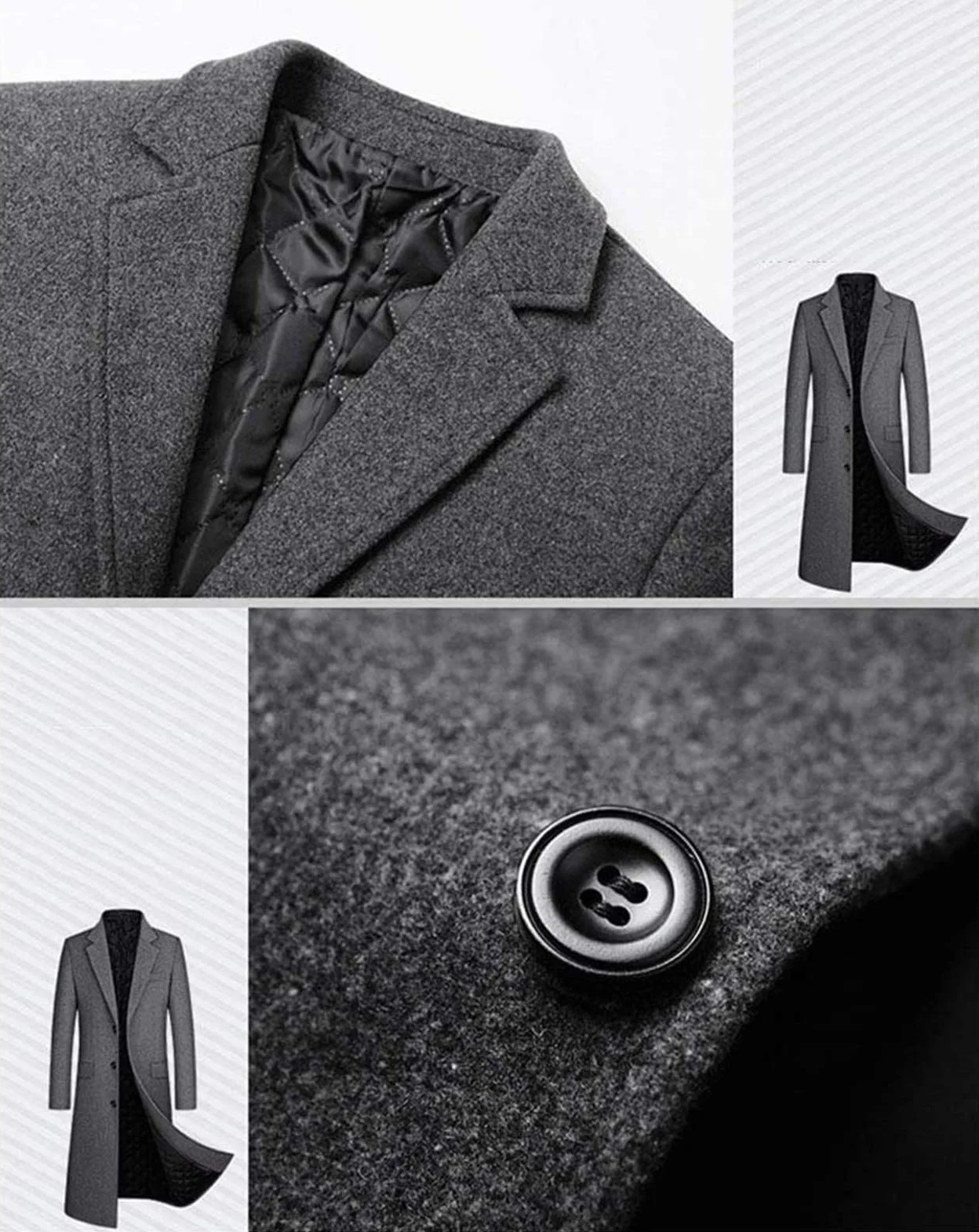 Płaszcz zimowy, męski, długi płaszcz wełniany, slim fit, dwurzędowy płaszcz męski, biznesowy, bawełna, płaszcz wełniany