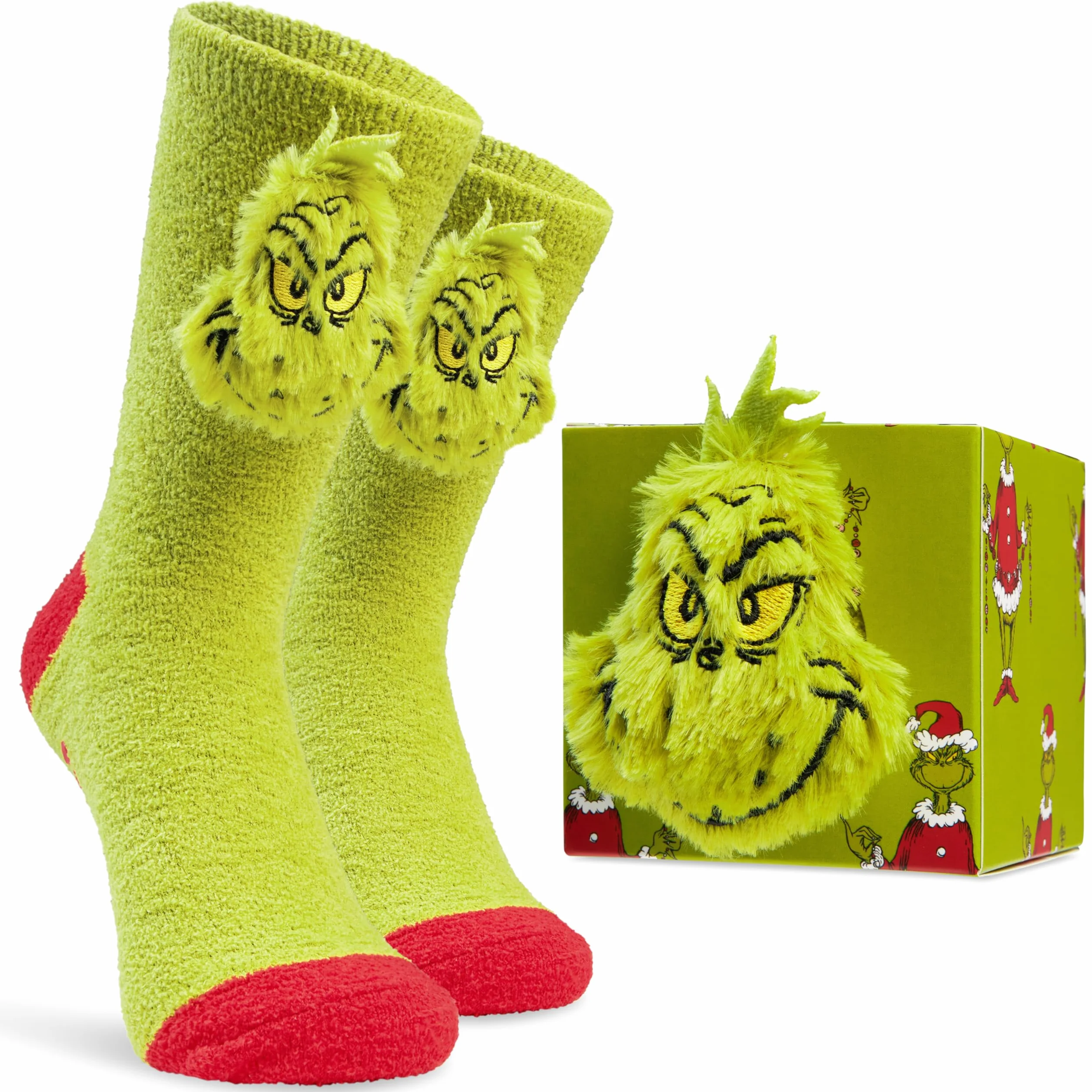 The Grinch Kapcie skarpety dla mężczyzn i nastolatków rozmiar UK 6,5-10,5, ciepłe, puszyste antypoślizgowe skarpety do łóżka, Boże Narodzenie tajemniczy Mikołaj prezenty dla mężczyzn