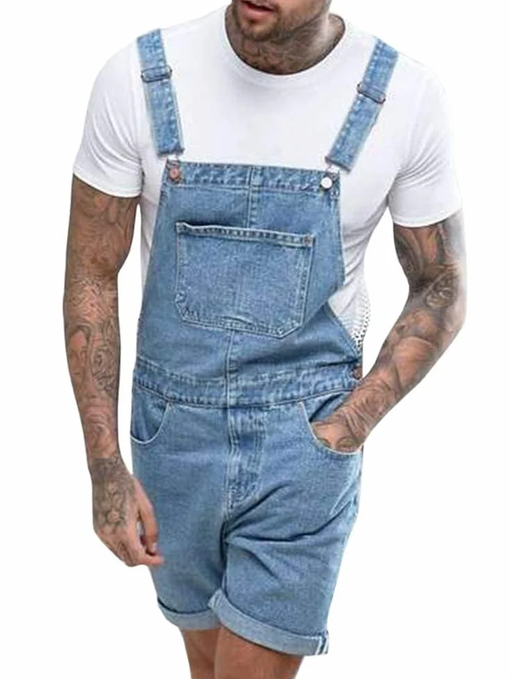 Runcati Męskie spodnie ogrodniczki, bawełniane, dżinsowe, krótkie spodnie robocze, luźny krój, męski denim kombinezon z kieszeniami