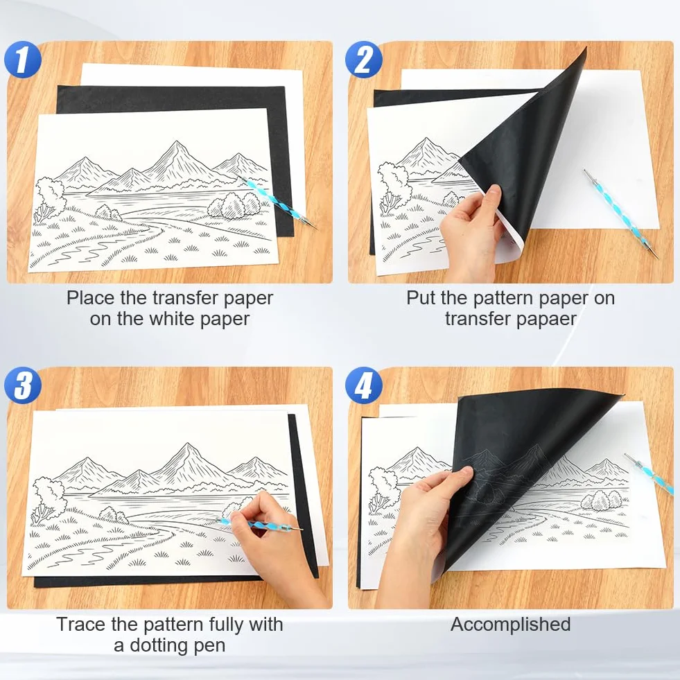 OSDUE Czarny papier kalkowy,100 arkuszy, kalka kreślarska A4 papier,czarny papier grafitowy transferowy z 5 rysikami do odrysowywania wzorów na drewnie, tkaninie, płótnie, napisach i szkicach